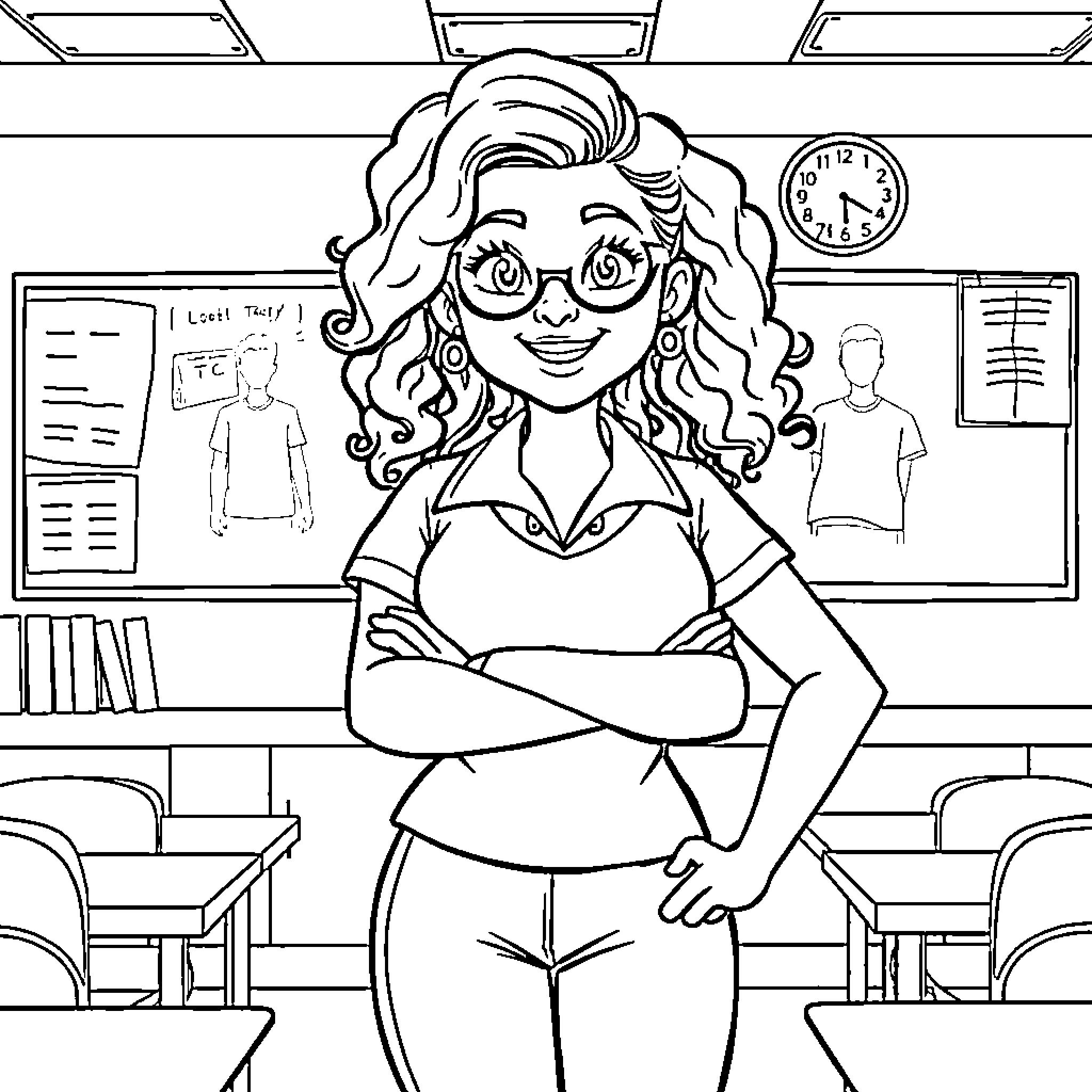Teacher standing confidently in the classroom Coloring Page (free black-and-white line drawing printable PDF for all, from beginners to advanced learners, including children, teens, adults, and seniors)