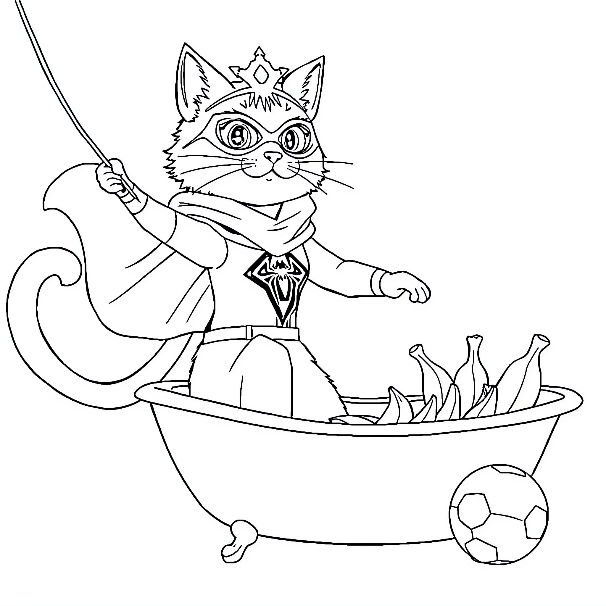 Cat in fancy costume cooking food in bowl Coloring Page (free black-and-white line drawing printable PDF for all, from beginners to advanced learners, including children, teens, adults, and seniors)