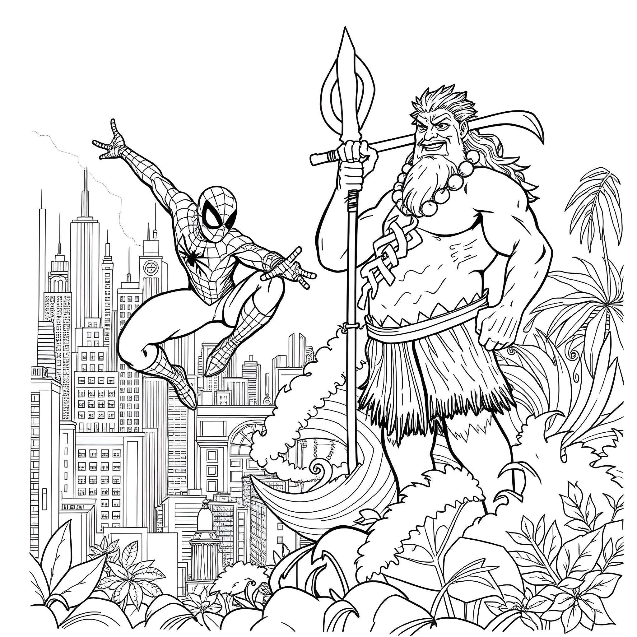 Spiderman swinging through the city as a giant beast looms Coloring Page (free black-and-white line drawing printable PDF for all, from beginners to advanced learners, including children, teens, adults, and seniors)