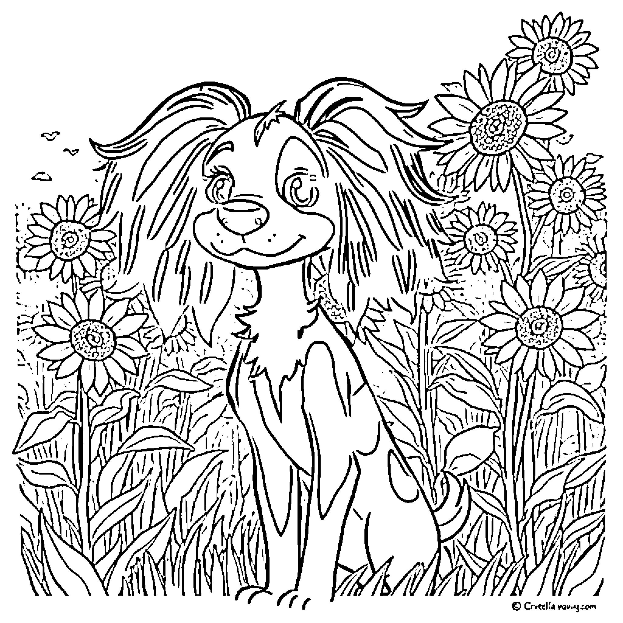 Cruella's Whimsical Canine Companion Coloring Page (free black-and-white line drawing printable PDF for all, from beginners to advanced learners, including children, teens, adults, and seniors)