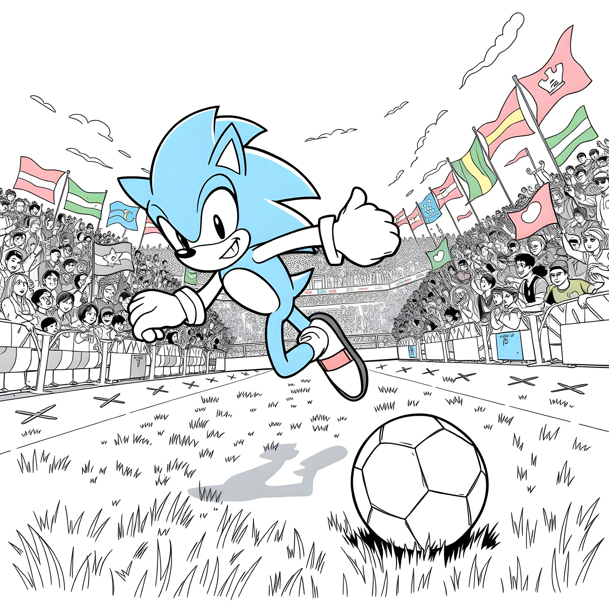 Sonic celebrating with fans during a soccer game Coloring Page (free black-and-white line drawing printable PDF for all, from beginners to advanced learners, including children, teens, adults, and seniors)