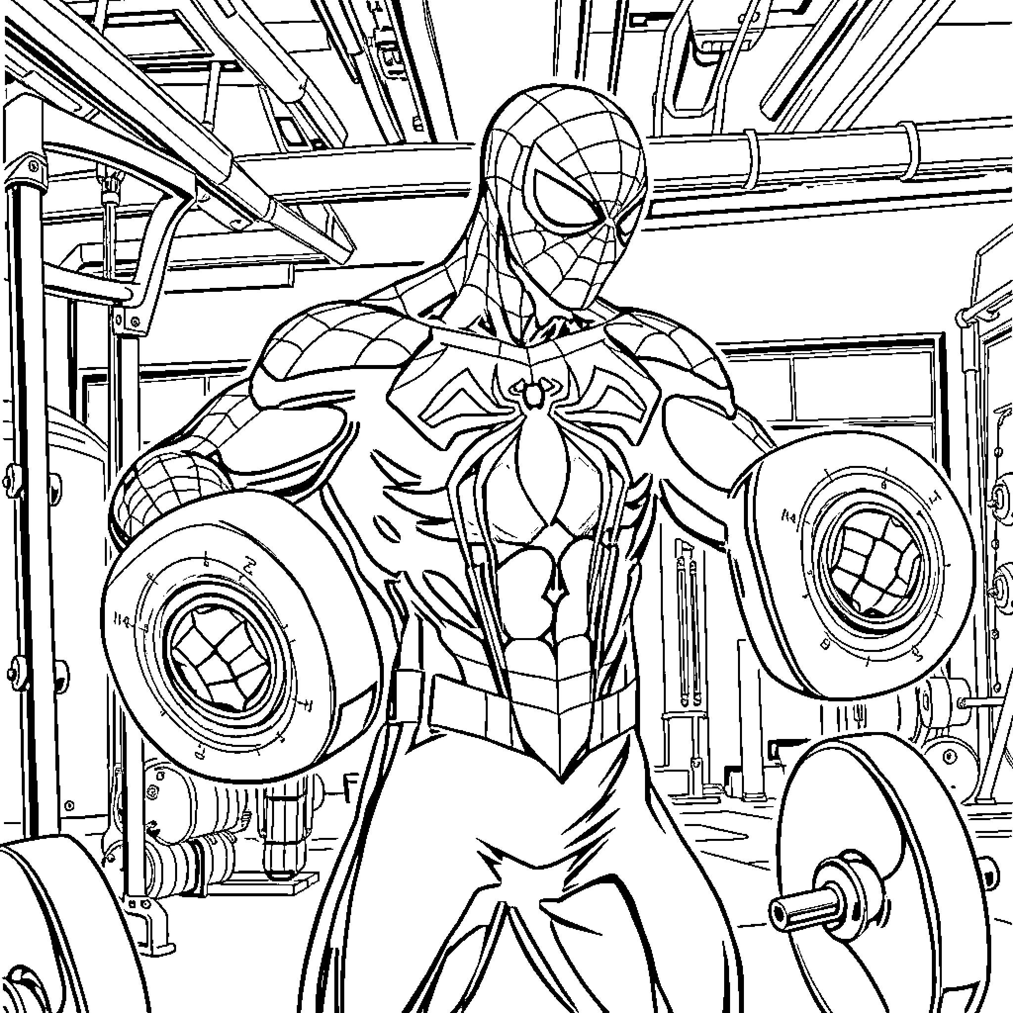 Spiderman lifting heavy dumbbells in a gym Coloring Page (free black-and-white line drawing printable PDF for all, from beginners to advanced learners, including children, teens, adults, and seniors)