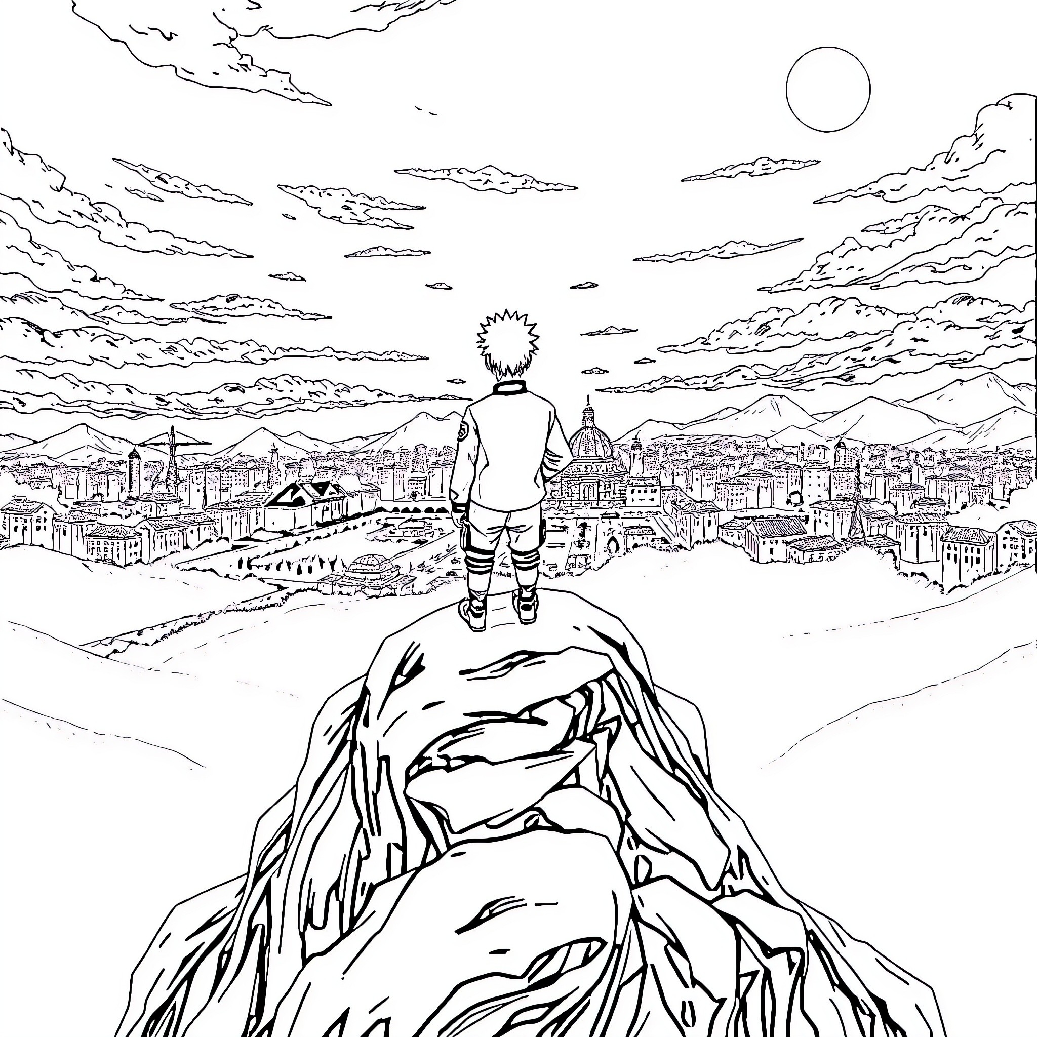 Naruto overlooking the hidden leaf village Coloring Page (free black-and-white line drawing printable PDF for all, from beginners to advanced learners, including children, teens, adults, and seniors)