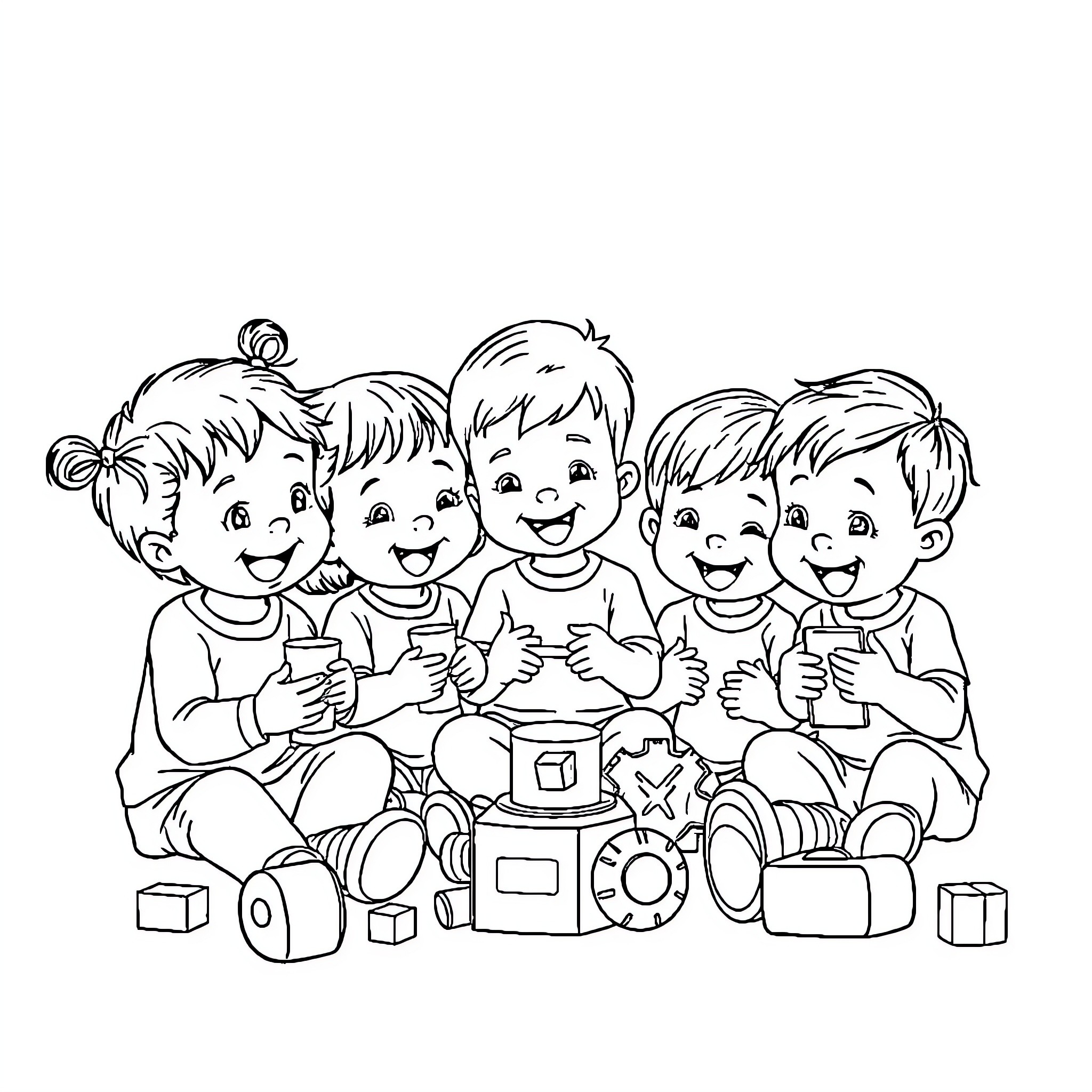 Toddlers playing happily with toys Coloring Page (free black-and-white line drawing printable PDF for all, from beginners to advanced learners, including children, teens, adults, and seniors)