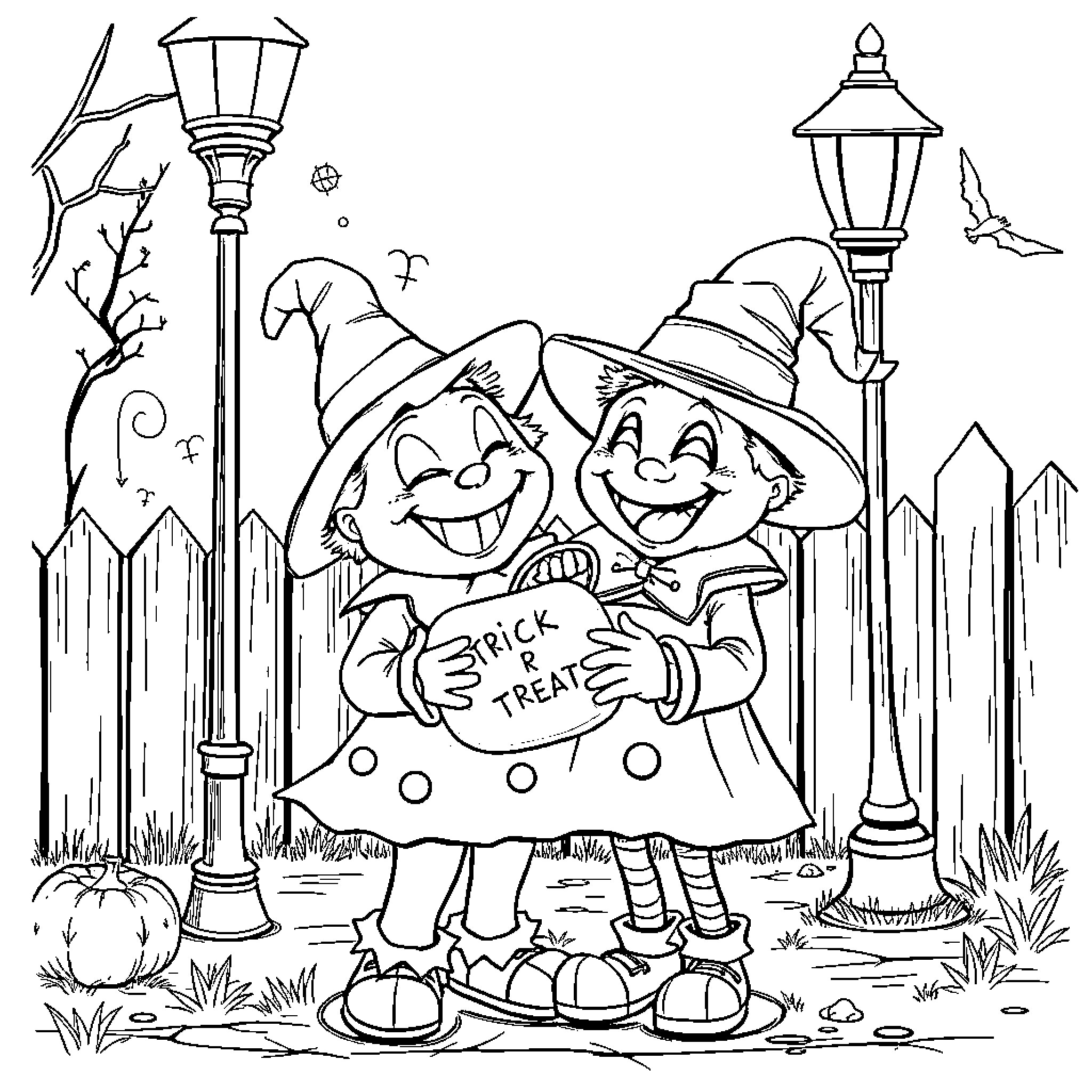 Shorty Trick-or-Treaters in Halloween Neighborhood Coloring Page (free black-and-white line drawing printable PDF for all, from beginners to advanced learners, including children, teens, adults, and seniors)