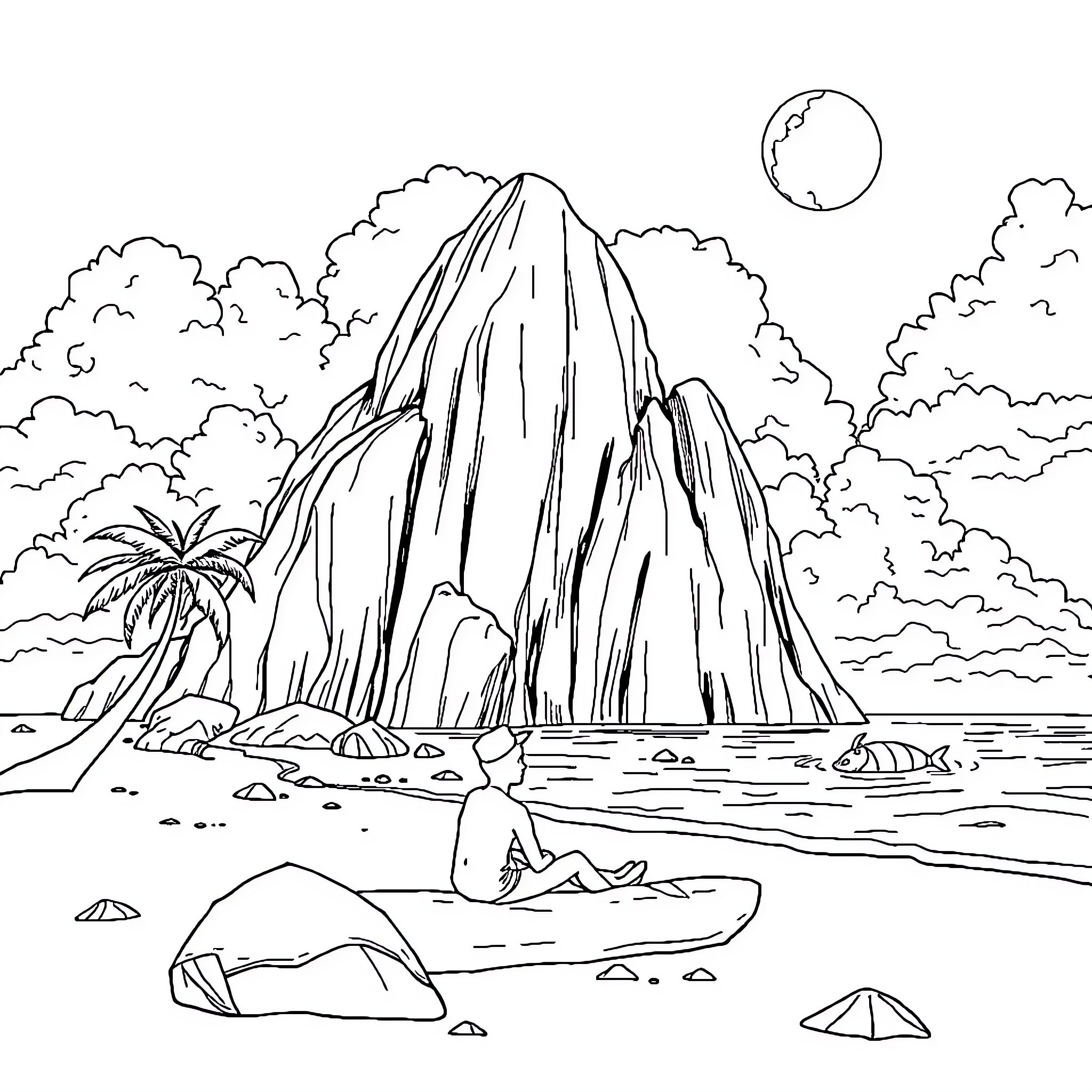 Bear relaxing on a tropical beach with majestic mountains Coloring Page (free black-and-white line drawing printable PDF for all, from beginners to advanced learners, including children, teens, adults, and seniors)