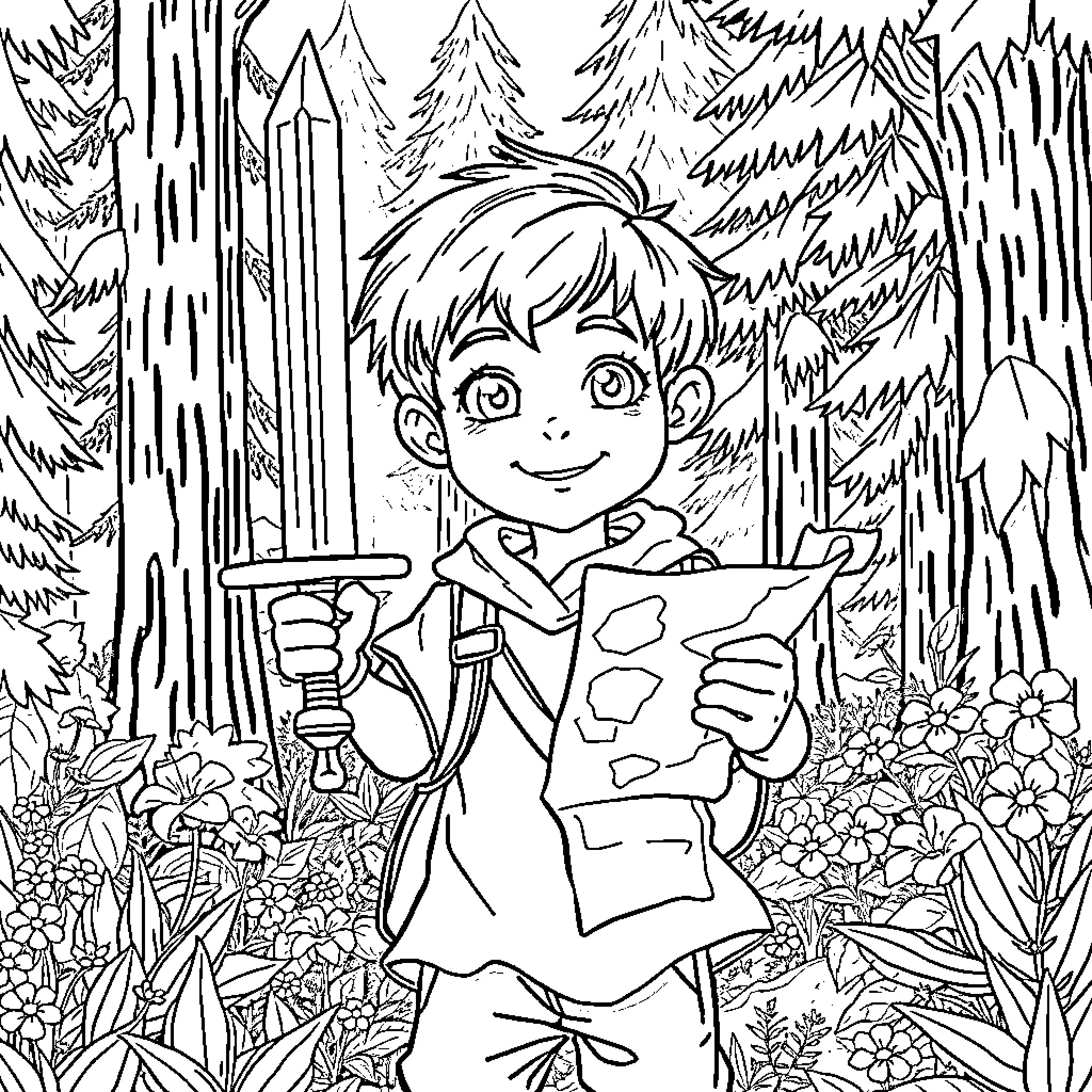 Boy exploring the wilderness with a map Coloring Page (free black-and-white line drawing printable PDF for all, from beginners to advanced learners, including children, teens, adults, and seniors)