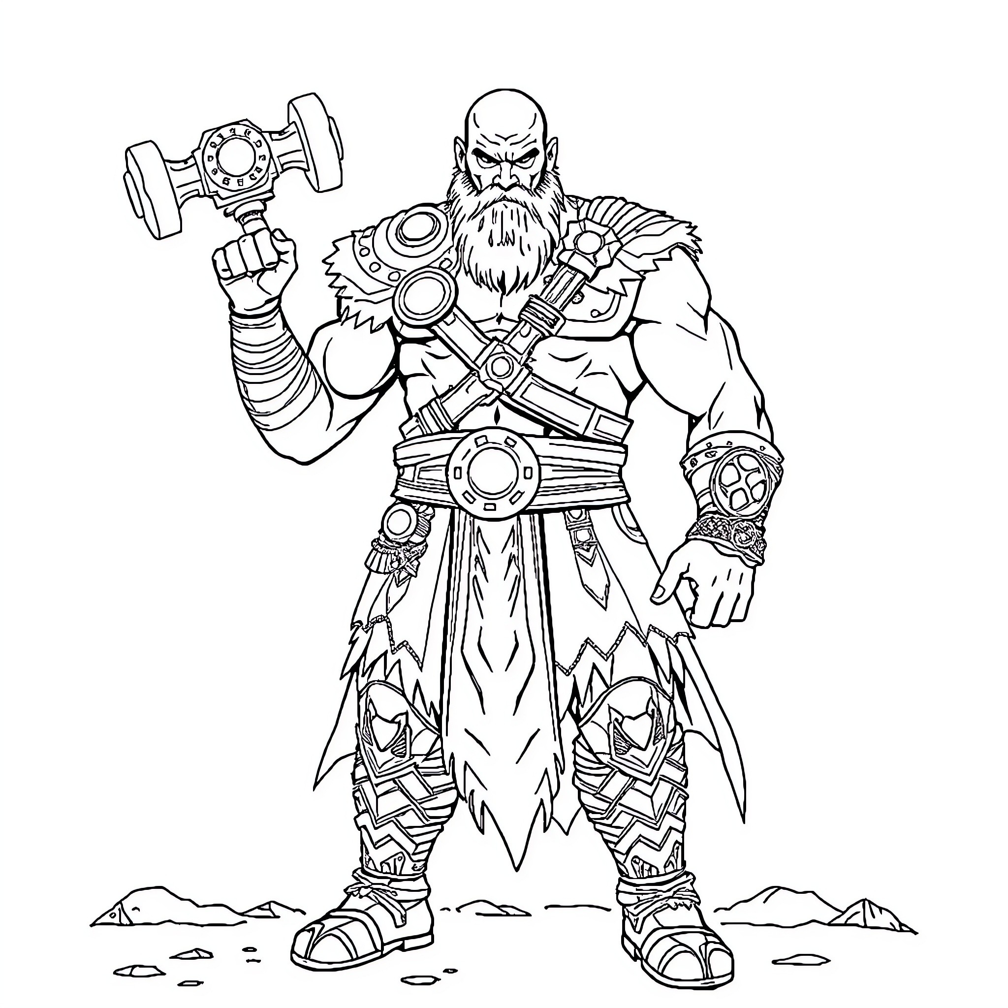 Kratos, the Mighty Warrior with Powerful Weapons Coloring Page (free black-and-white line drawing printable PDF for all, from beginners to advanced learners, including children, teens, adults, and seniors)