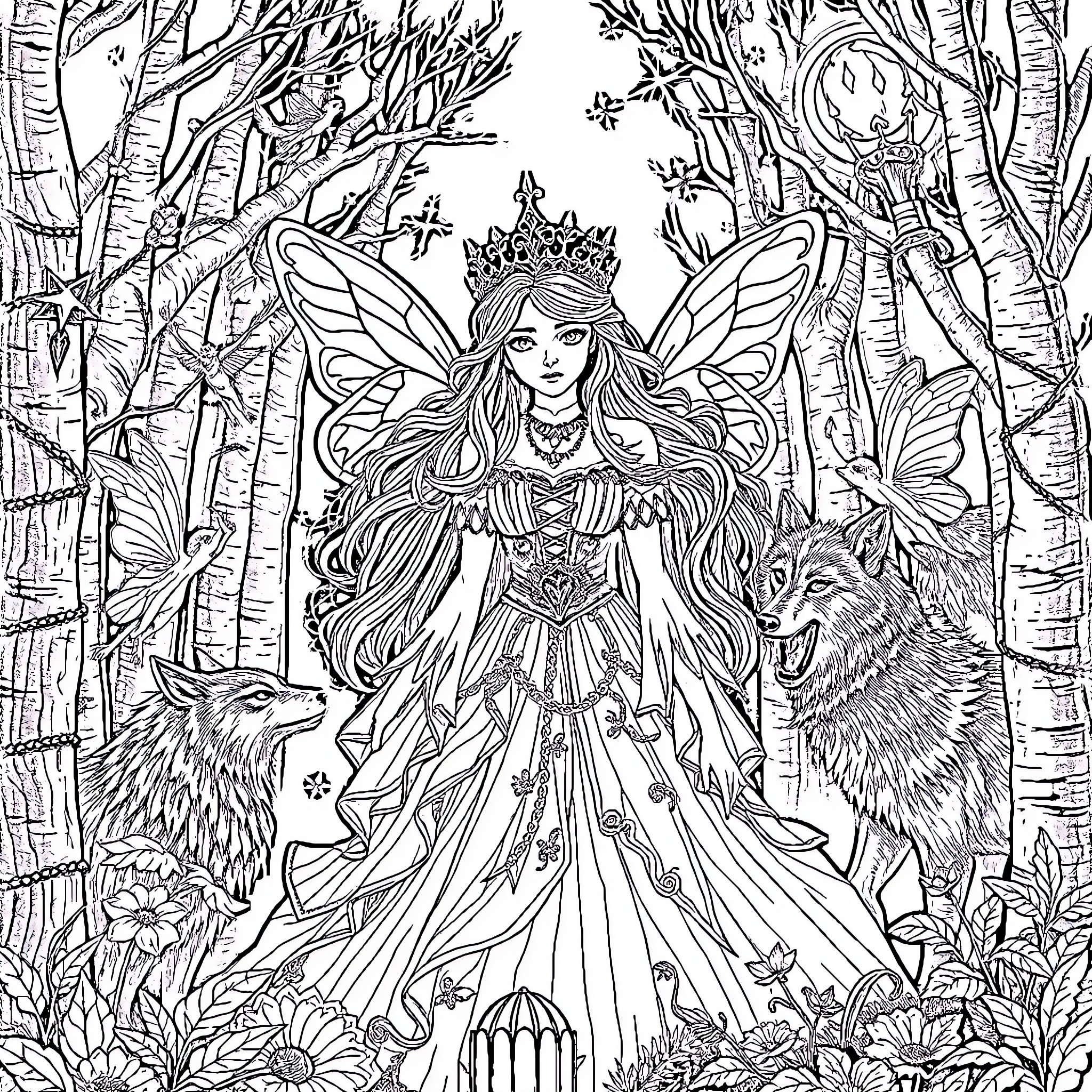 Princess in Enchanted Forest with Wolves Coloring Page (free black-and-white line drawing printable PDF for all, from beginners to advanced learners, including children, teens, adults, and seniors)