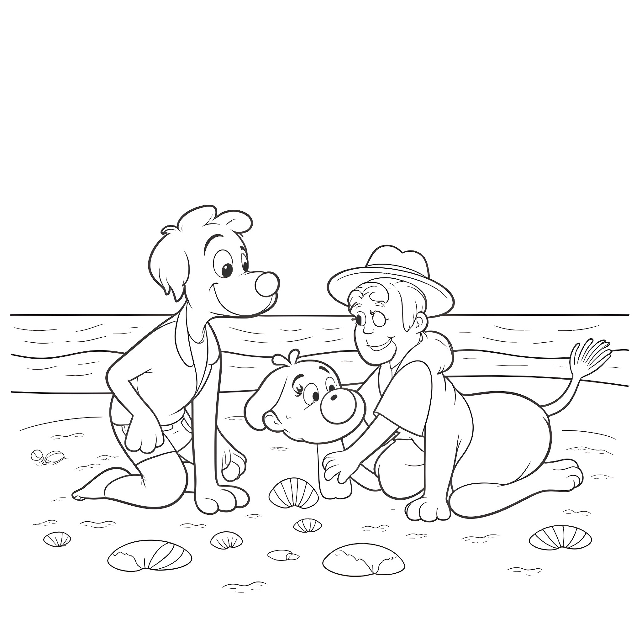 Bluey and friends playing at the beach Coloring Page (free black-and-white line drawing printable PDF for all, from beginners to advanced learners, including children, teens, adults, and seniors)