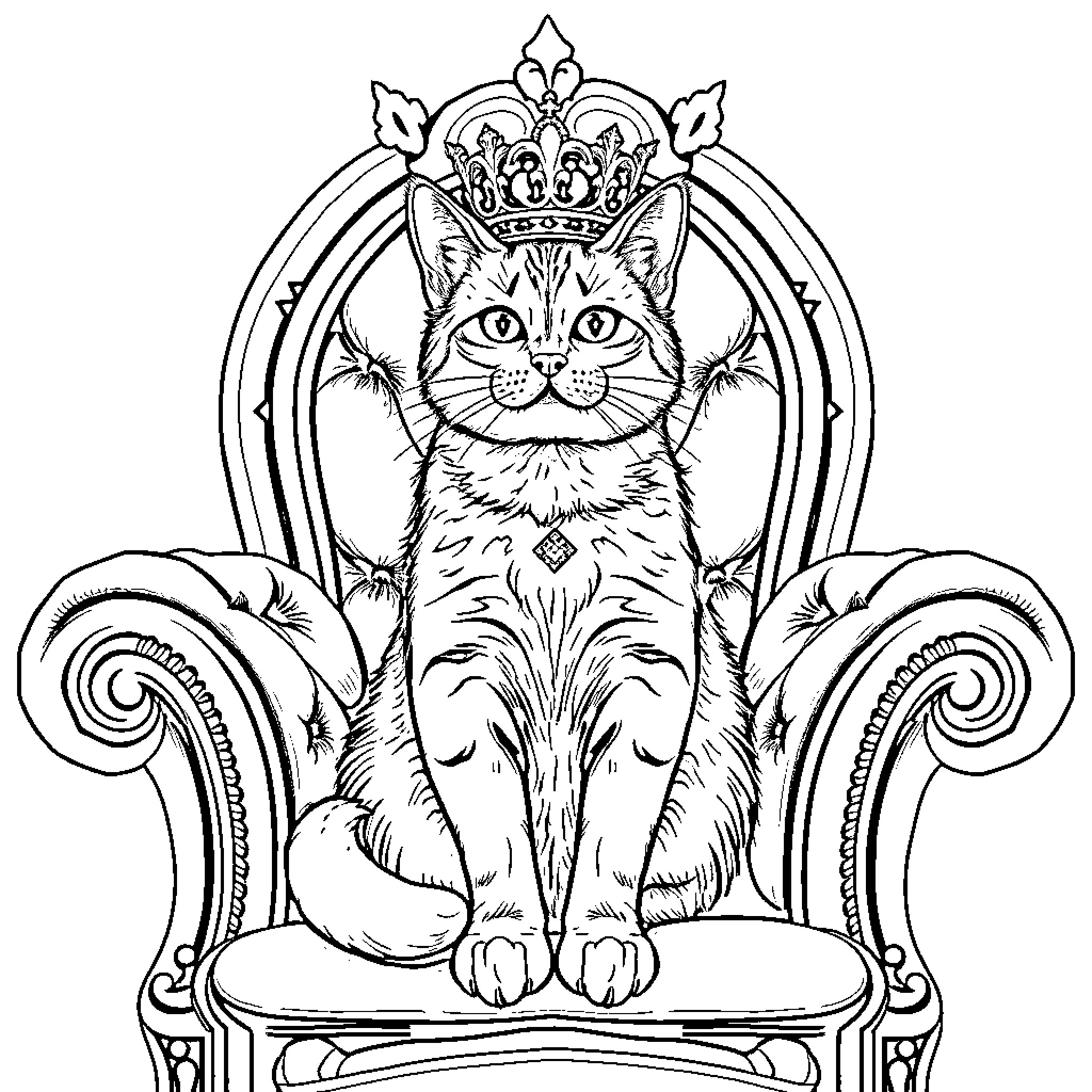 Queen Cat Reigning on Ornate Throne Coloring Page (free black-and-white line drawing printable PDF for all, from beginners to advanced learners, including children, teens, adults, and seniors)