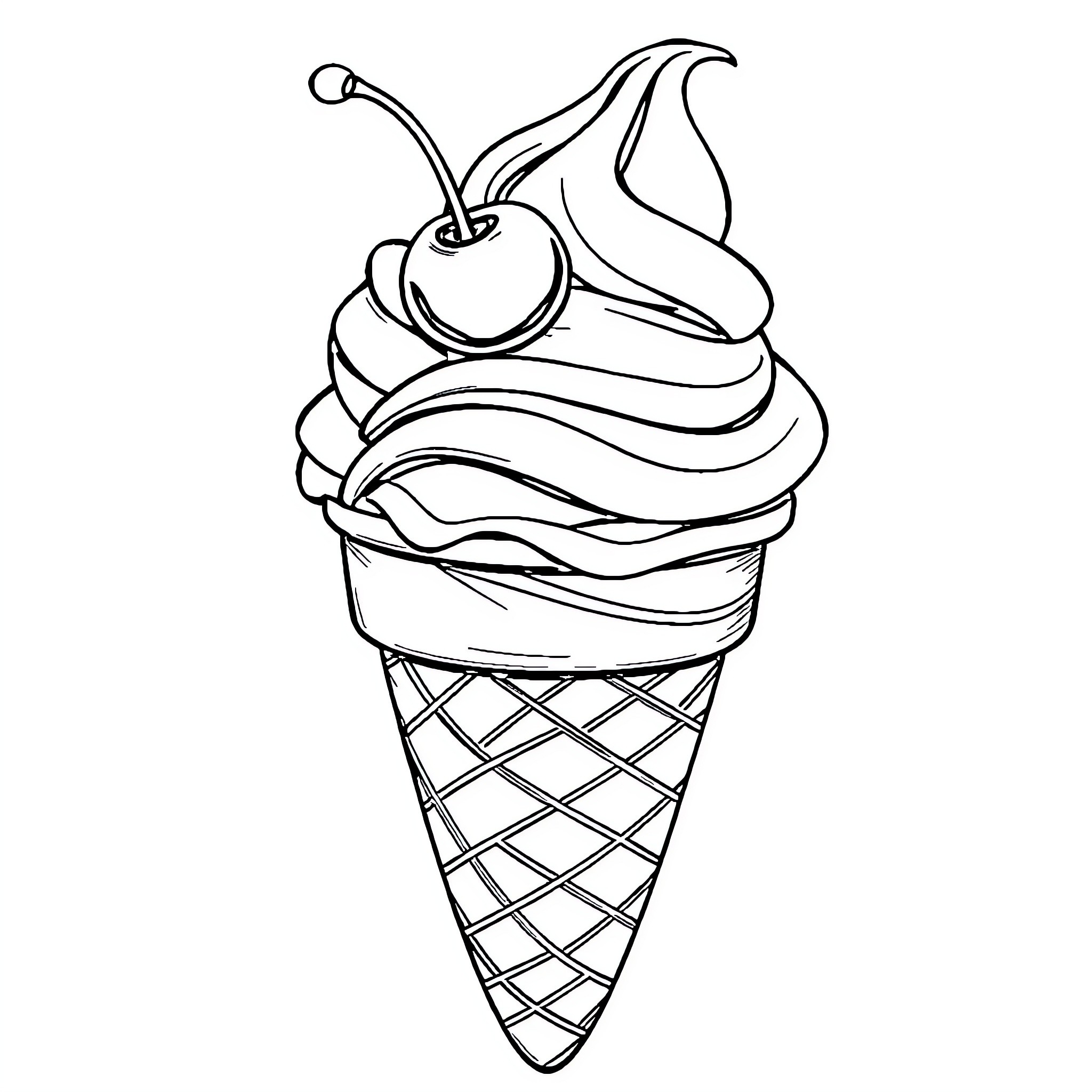 Ice Cream Swirl with Cherry on Top Coloring Page (free black-and-white line drawing printable PDF for all, from beginners to advanced learners, including children, teens, adults, and seniors)