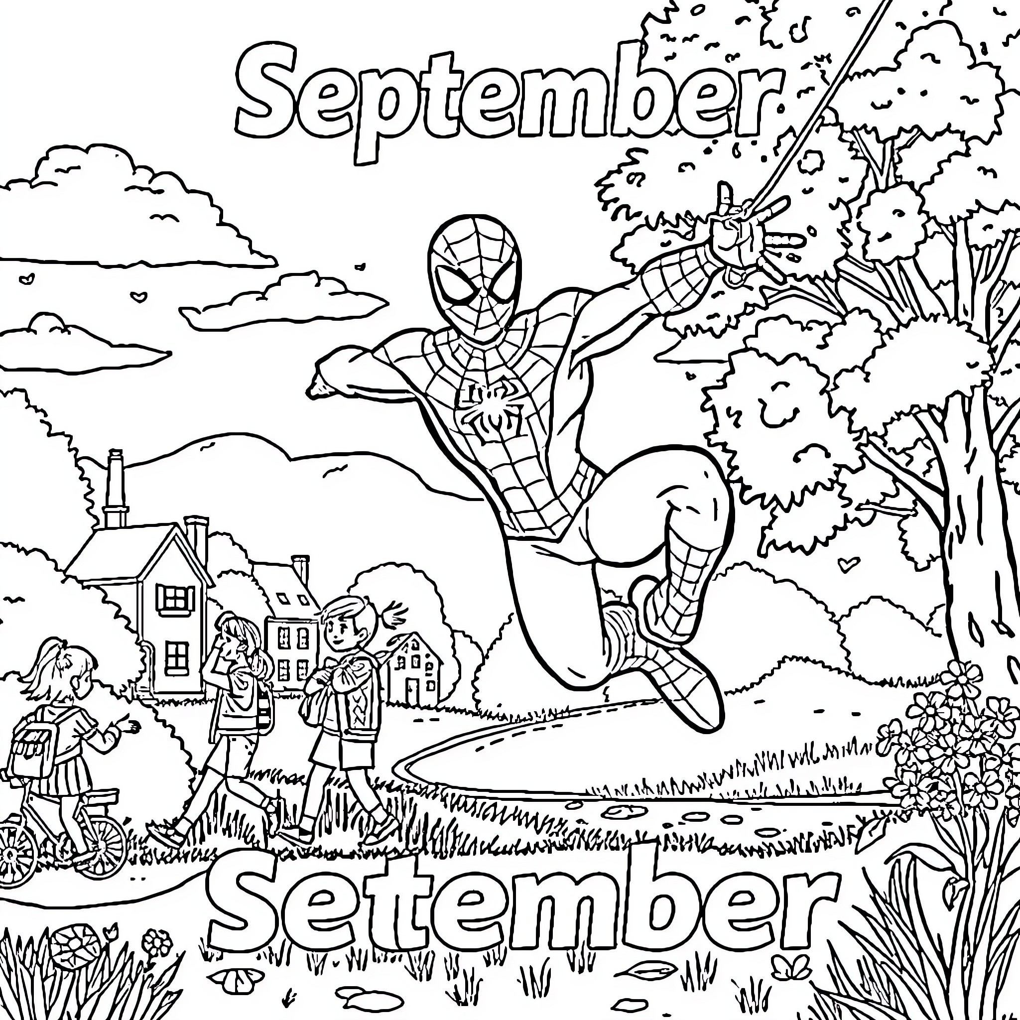 Spiderman swinging through an autumn landscape Coloring Page (free black-and-white line drawing printable PDF for all, from beginners to advanced learners, including children, teens, adults, and seniors)