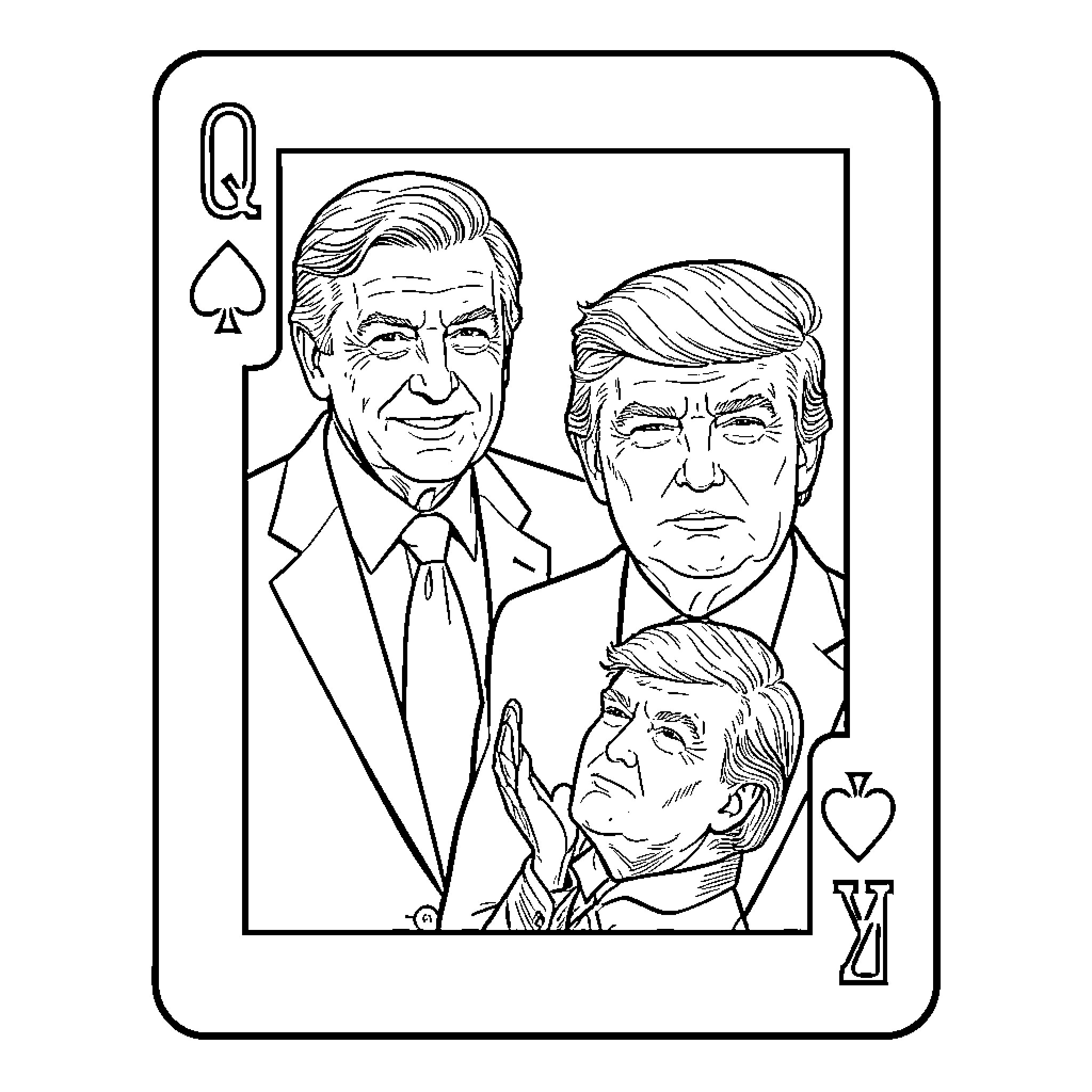 Playing Card Depicting Political Figures Coloring Page (free black-and-white line drawing printable PDF for all, from beginners to advanced learners, including children, teens, adults, and seniors)