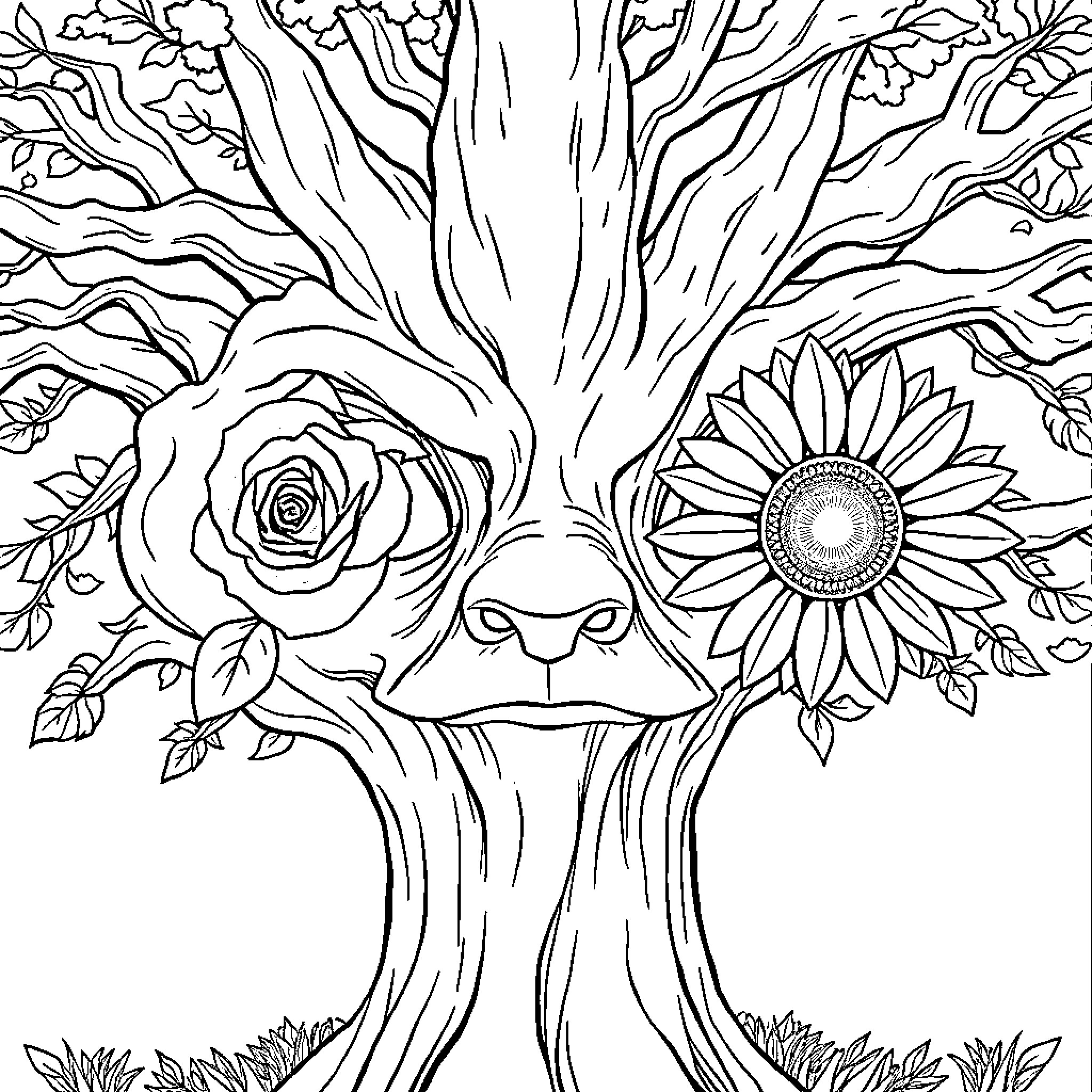 Tree with Flourishing Flowers and Foliage Coloring Page (free black-and-white line drawing printable PDF for all, from beginners to advanced learners, including children, teens, adults, and seniors)