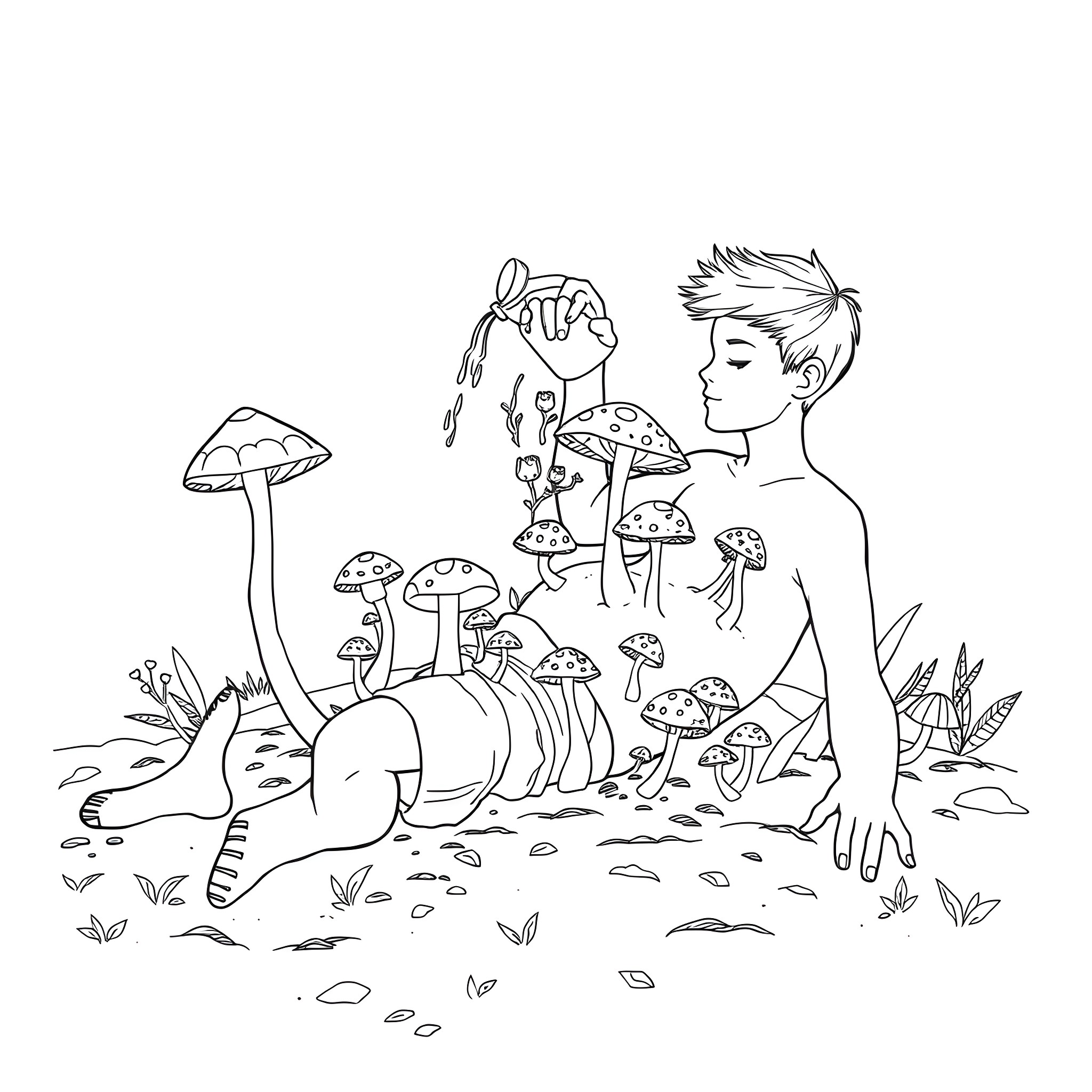 Man exploring a magical mushroom forest Coloring Page (free black-and-white line drawing printable PDF for all, from beginners to advanced learners, including children, teens, adults, and seniors)