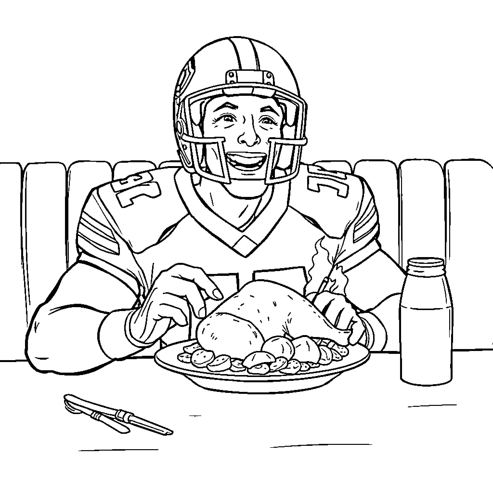 Football Player Enjoying Thanksgiving Meal Coloring Page (free black-and-white line drawing printable PDF for all, from beginners to advanced learners, including children, teens, adults, and seniors)