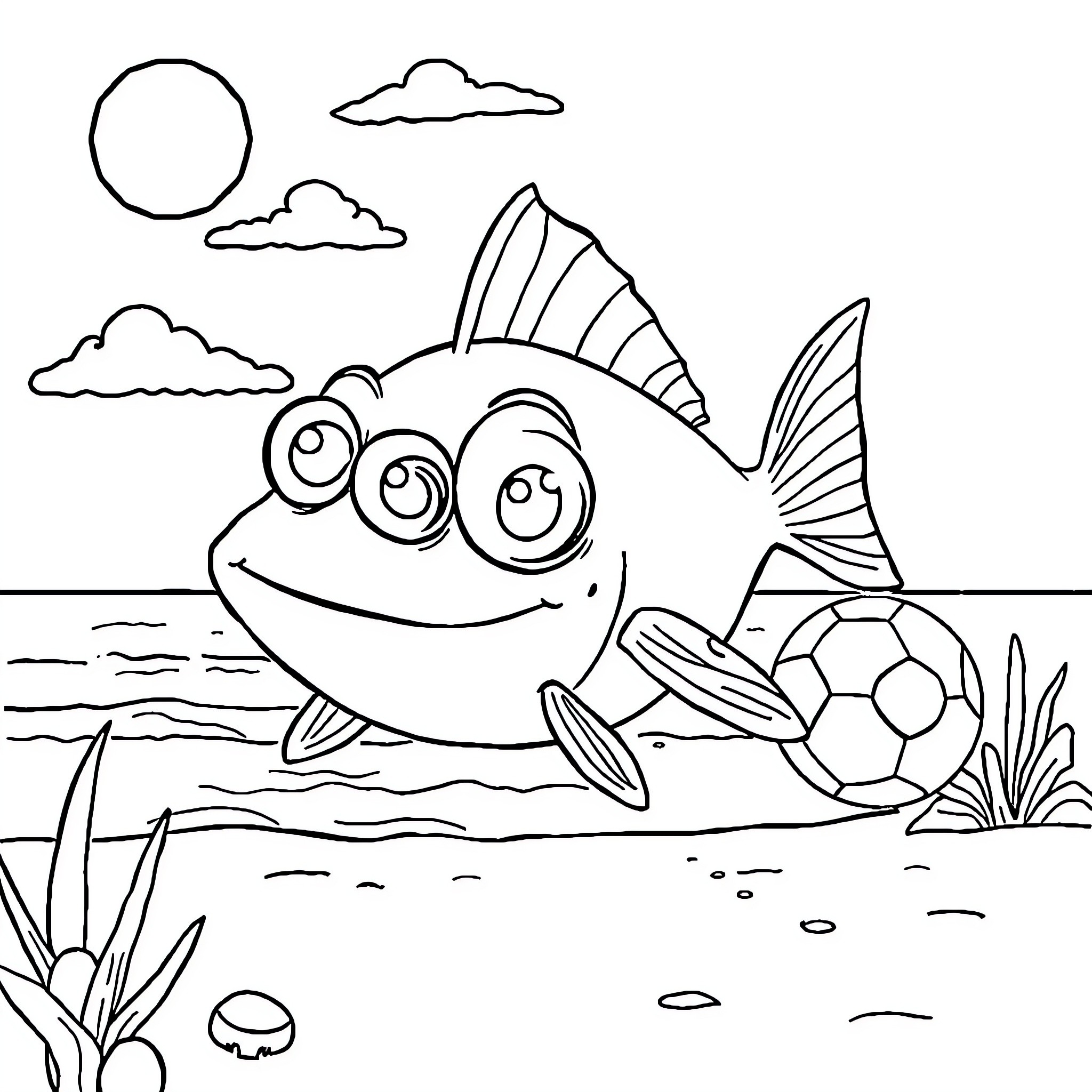 Fish playing with soccer ball in the ocean Coloring Page (free black-and-white line drawing printable PDF for all, from beginners to advanced learners, including children, teens, adults, and seniors)