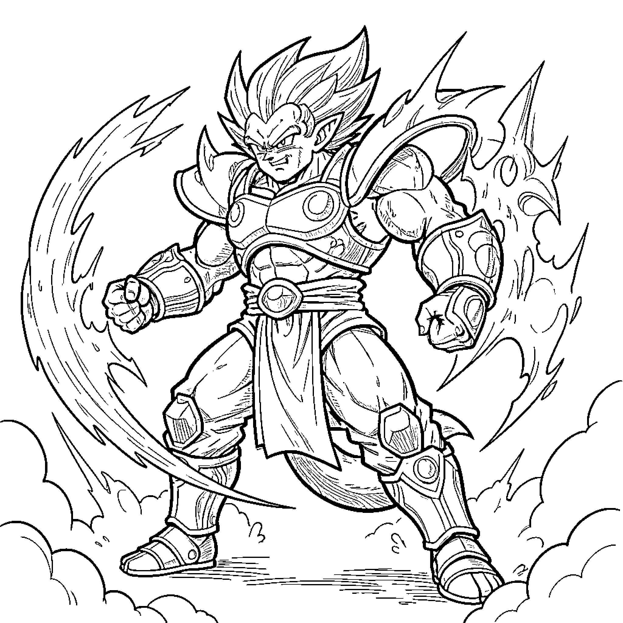 Yamsha standing powerfully amidst swirling energy waves Coloring Page (free black-and-white line drawing printable PDF for all, from beginners to advanced learners, including children, teens, adults, and seniors)