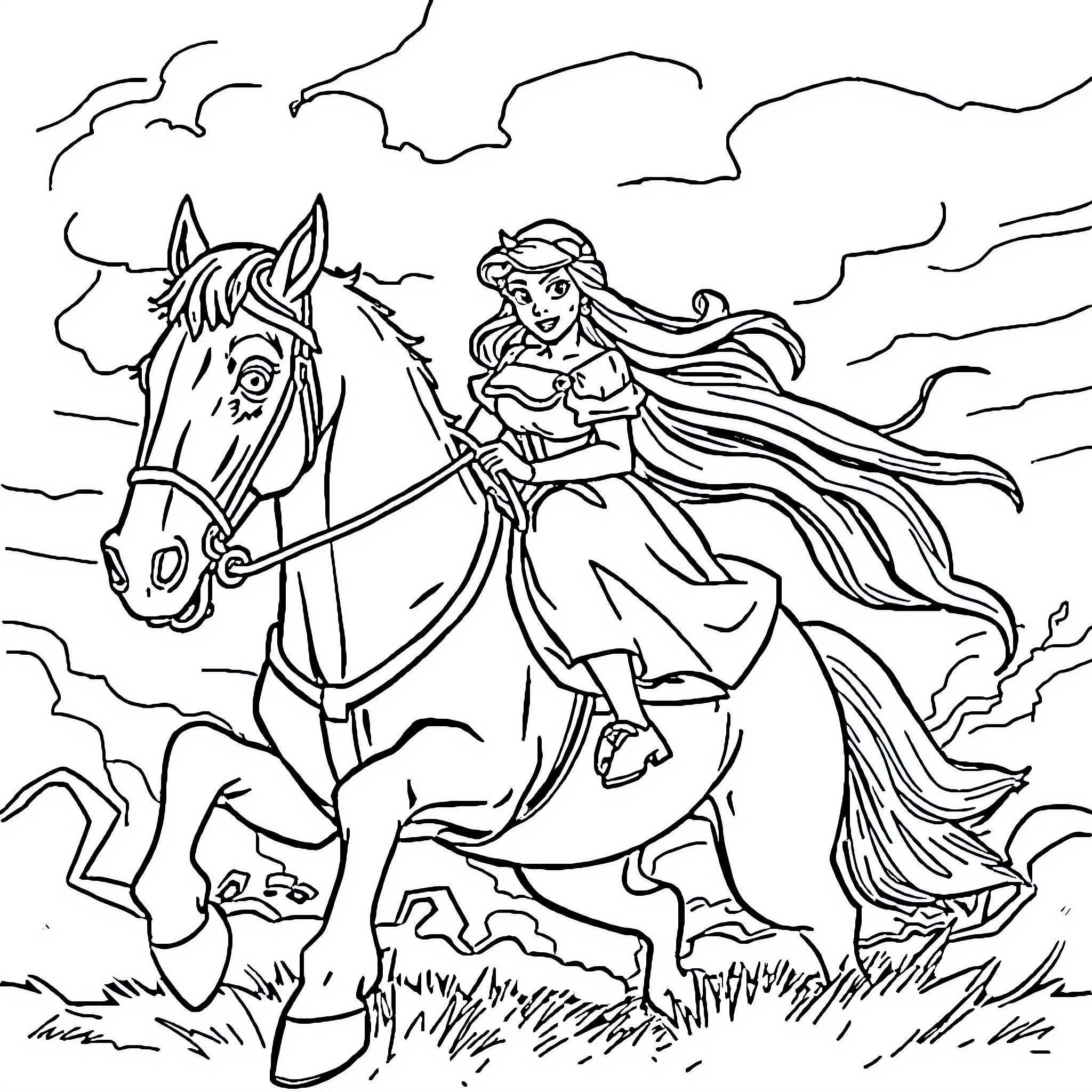 Princess riding a horse through the countryside Coloring Page (free black-and-white line drawing printable PDF for all, from beginners to advanced learners, including children, teens, adults, and seniors)