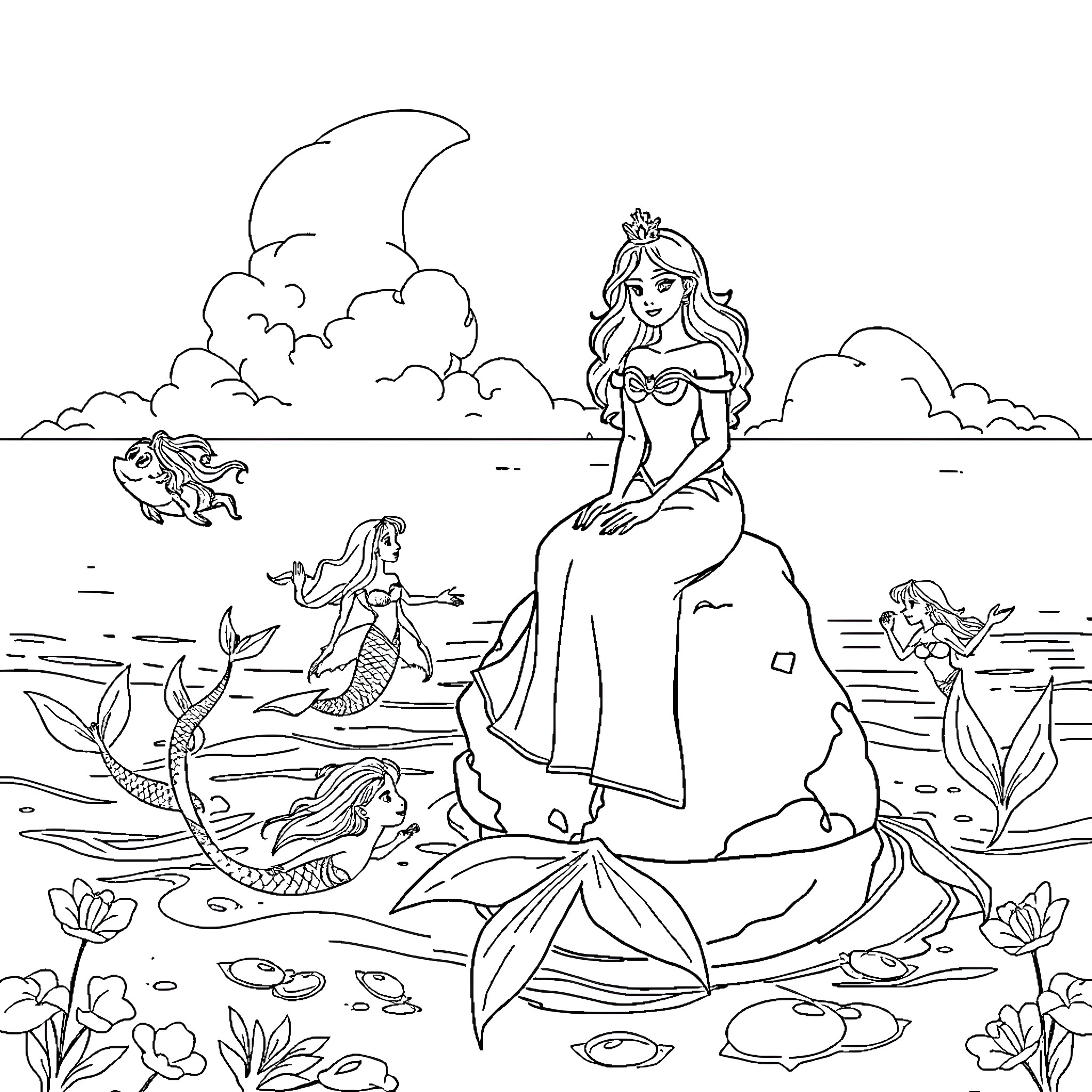 Princess Gracefully Contemplating Underwater Mermaid Companions Coloring Page (free black-and-white line drawing printable PDF for all, from beginners to advanced learners, including children, teens, adults, and seniors)