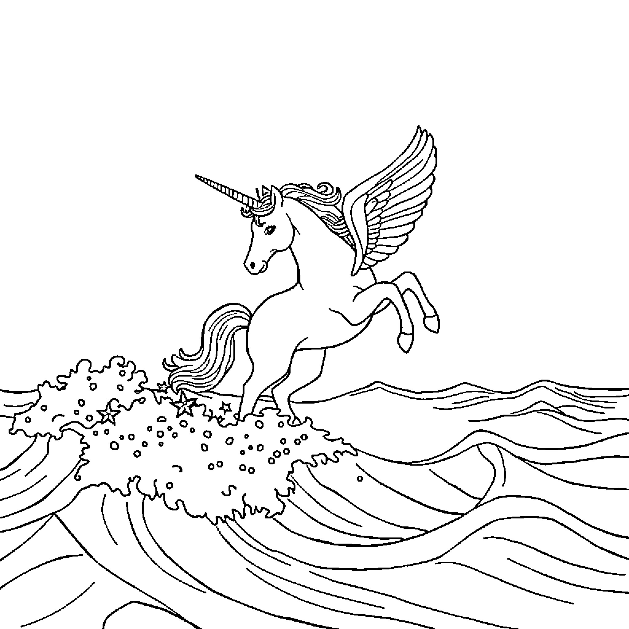 Unicorn soaring over fantastical landscape Coloring Page (free black-and-white line drawing printable PDF for all, from beginners to advanced learners, including children, teens, adults, and seniors)