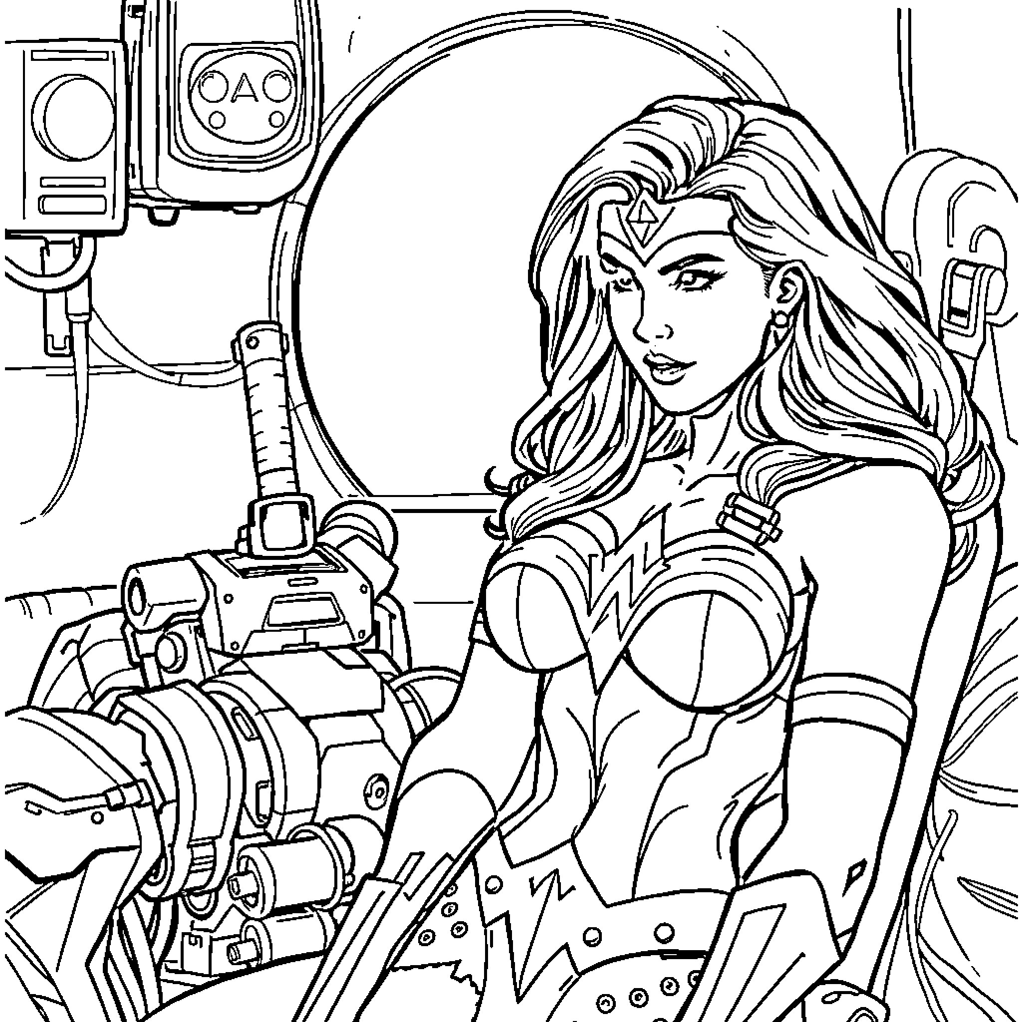 Wonder Woman in Futuristic Sci-Fi Setting Coloring Page (free black-and-white line drawing printable PDF for all, from beginners to advanced learners, including children, teens, adults, and seniors)
