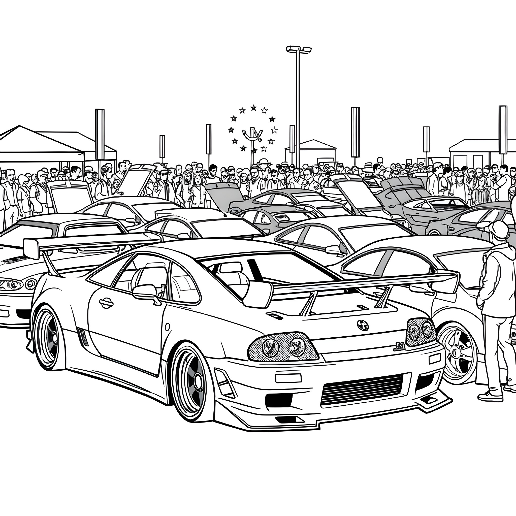 Modified Car Showcase at the Automotive Event Coloring Page (free black-and-white line drawing printable PDF for all, from beginners to advanced learners, including children, teens, adults, and seniors)
