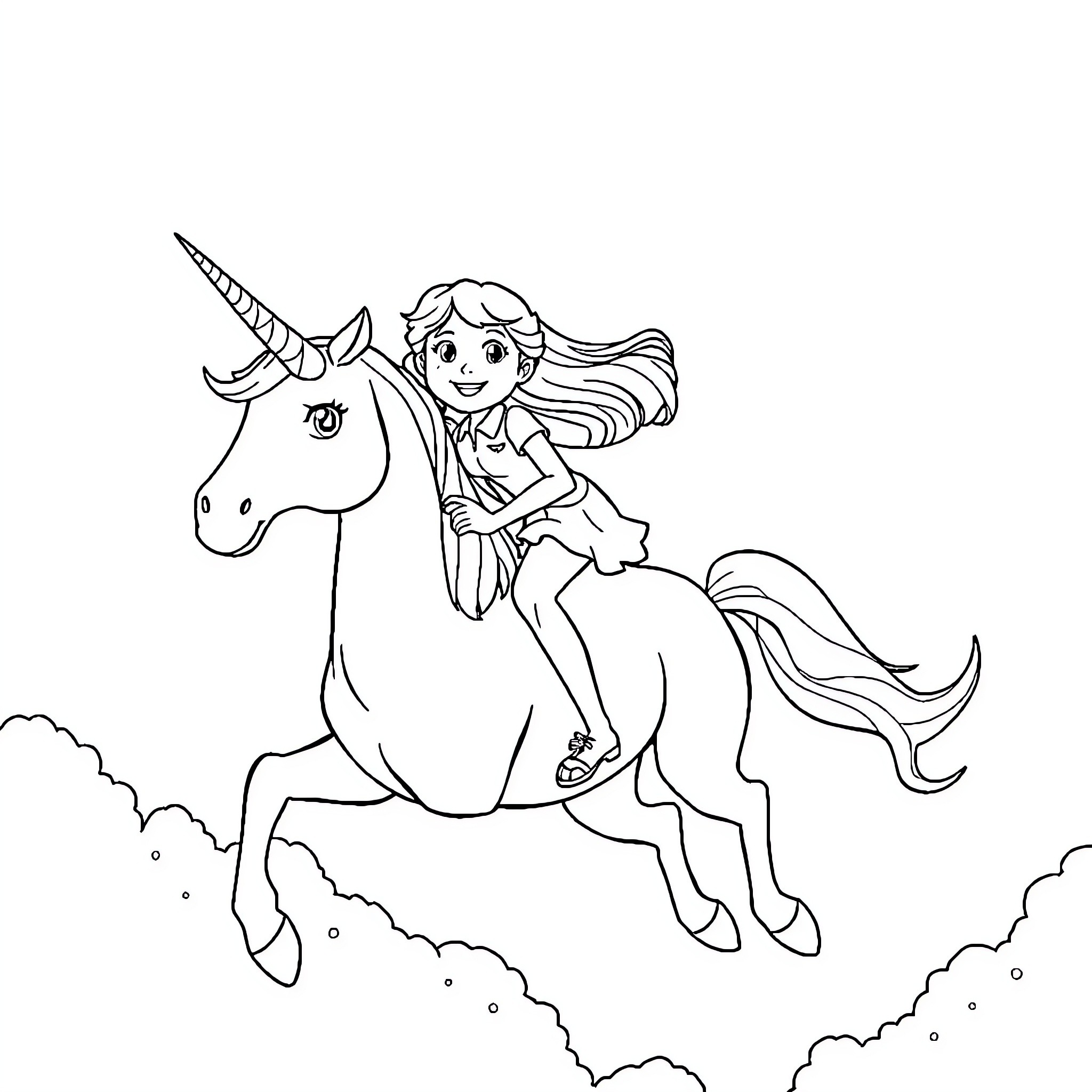 Girl riding a magical unicorn in the clouds Coloring Page (free black-and-white line drawing printable PDF for all, from beginners to advanced learners, including children, teens, adults, and seniors)