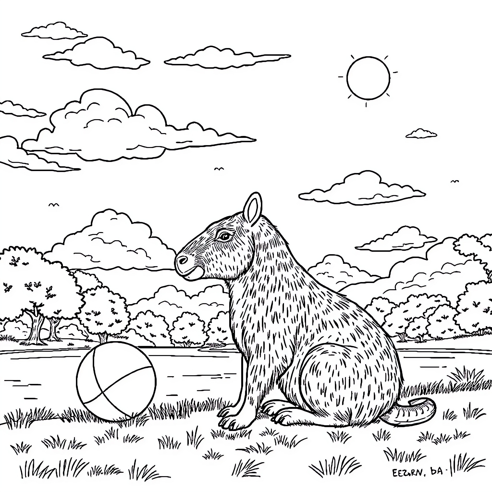 Capybara enjoying a sunny day in nature Coloring Page (free black-and-white line drawing printable PDF for all, from beginners to advanced learners, including children, teens, adults, and seniors)