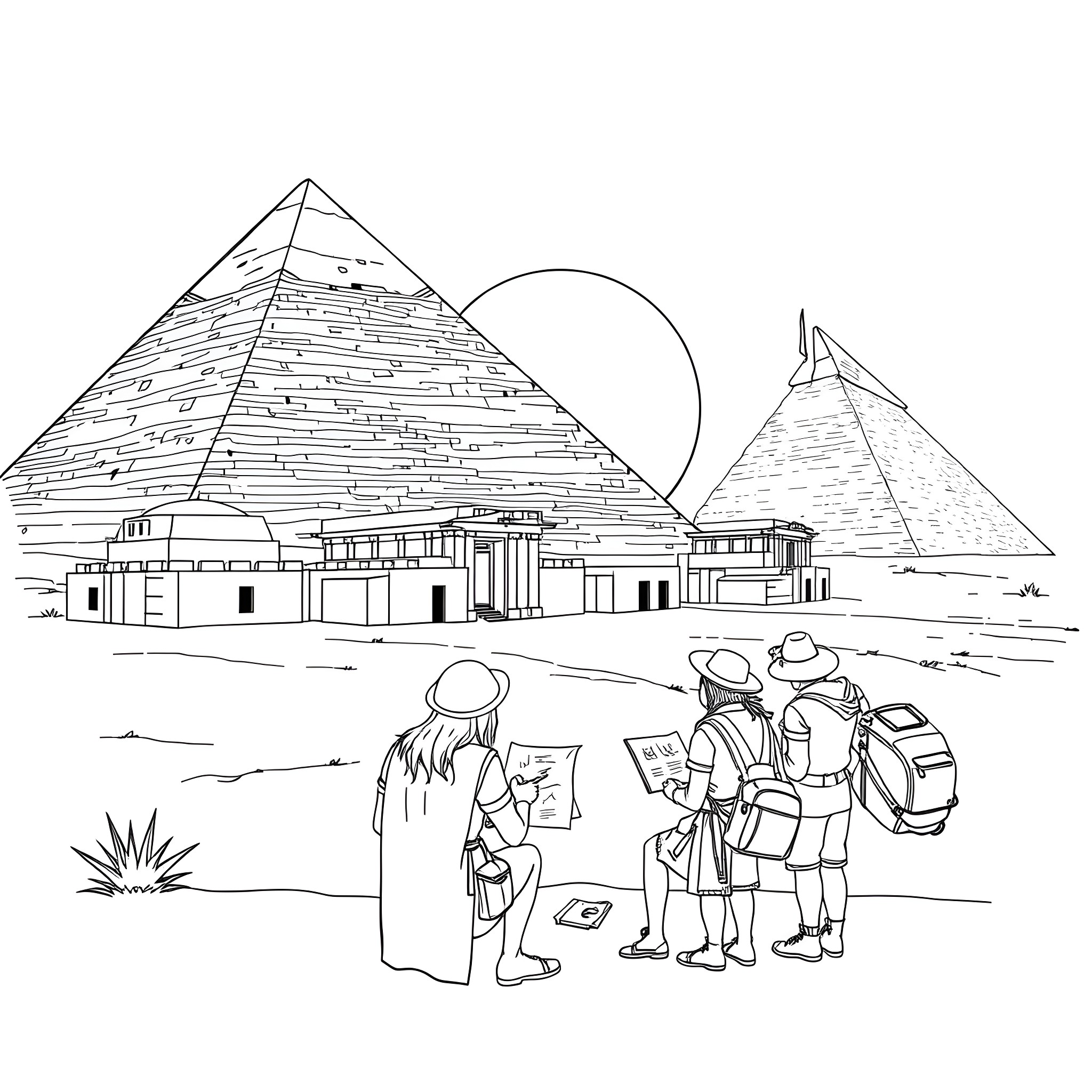 Pyramid Explorer Tour by Tourists Coloring Page (free black-and-white line drawing printable PDF for all, from beginners to advanced learners, including children, teens, adults, and seniors)