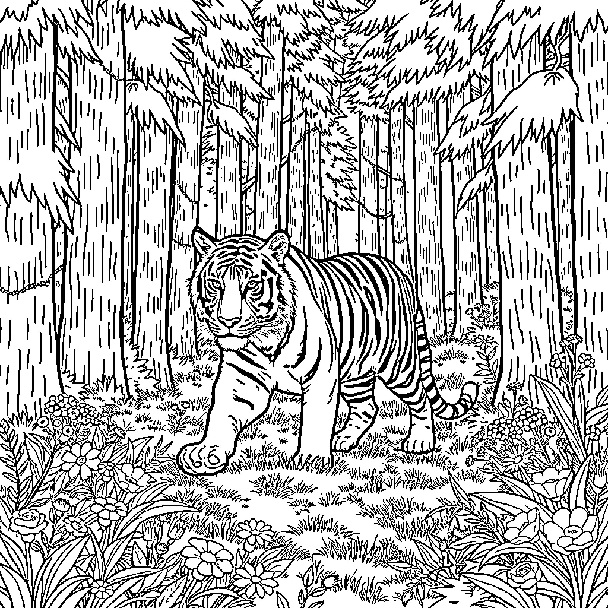 Tiger prowling through the dense forest Coloring Page (free black-and-white line drawing printable PDF for all, from beginners to advanced learners, including children, teens, adults, and seniors)