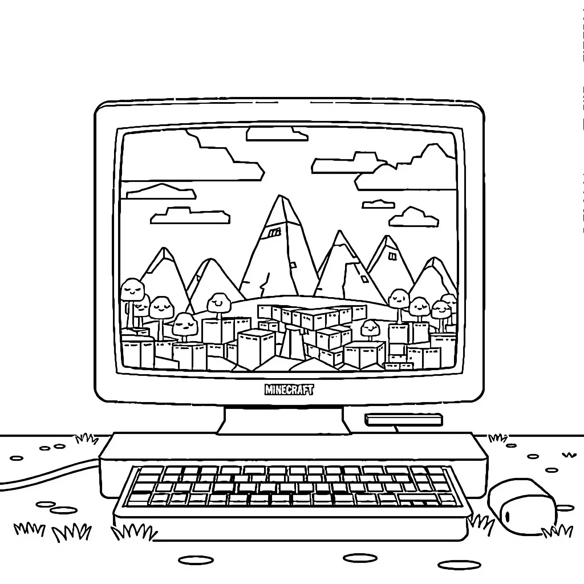 Minecraft Landscape Displayed on Computer Screen Coloring Page (free black-and-white line drawing printable PDF for all, from beginners to advanced learners, including children, teens, adults, and seniors)