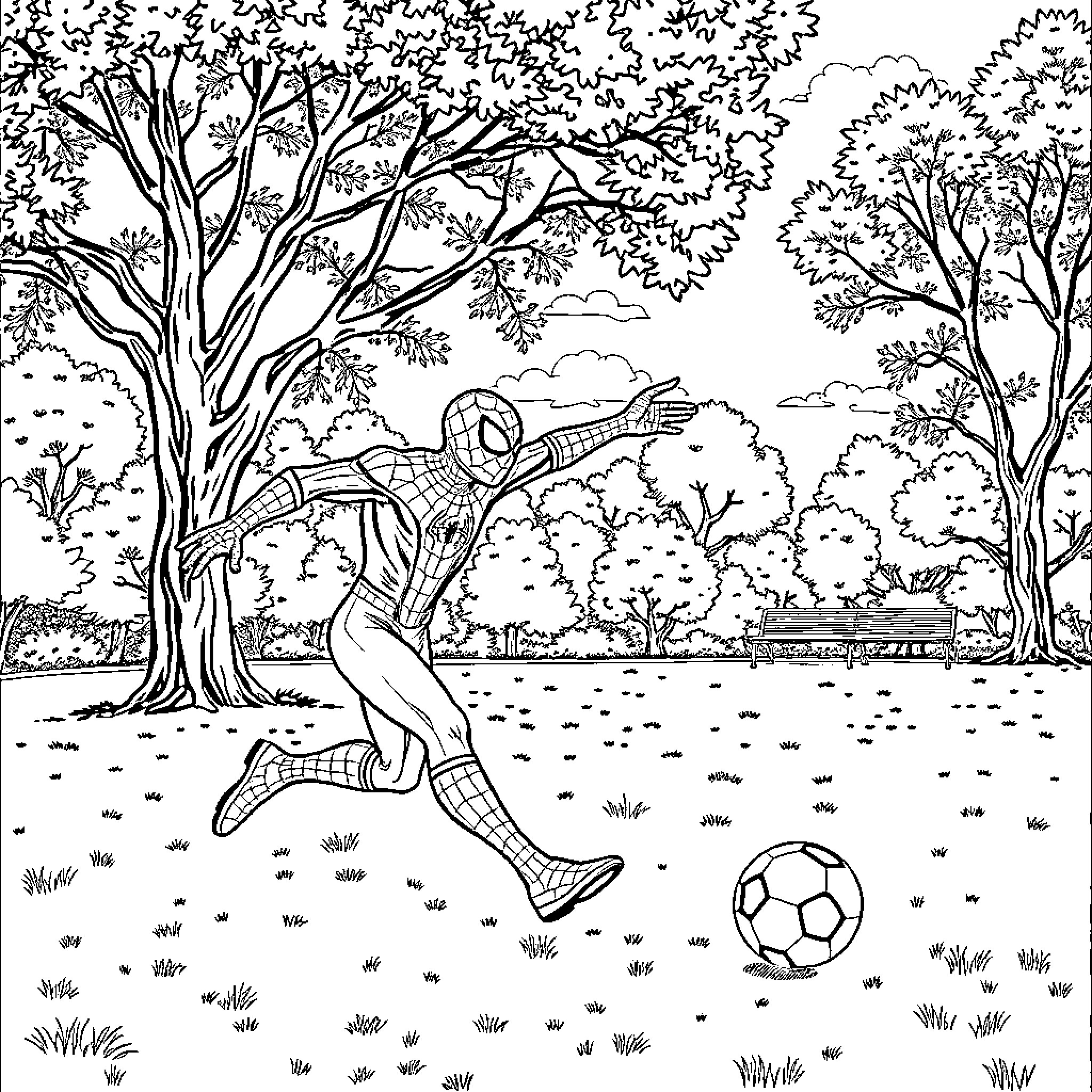 Spiderman playing soccer in the park Coloring Page (free black-and-white line drawing printable PDF for all, from beginners to advanced learners, including children, teens, adults, and seniors)