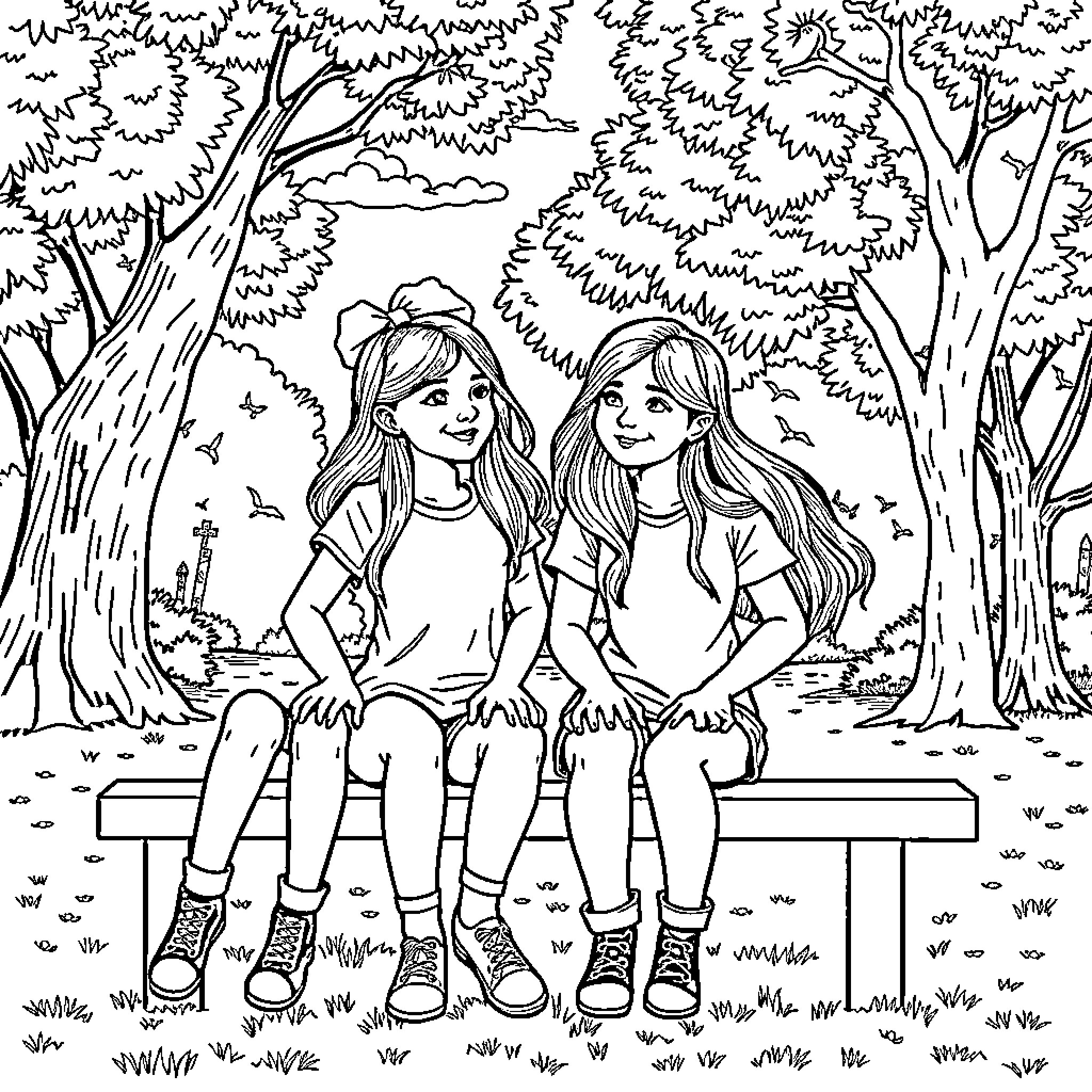 Girls chatting cheerfully in a peaceful forest setting Coloring Page (free black-and-white line drawing printable PDF for all, from beginners to advanced learners, including children, teens, adults, and seniors)