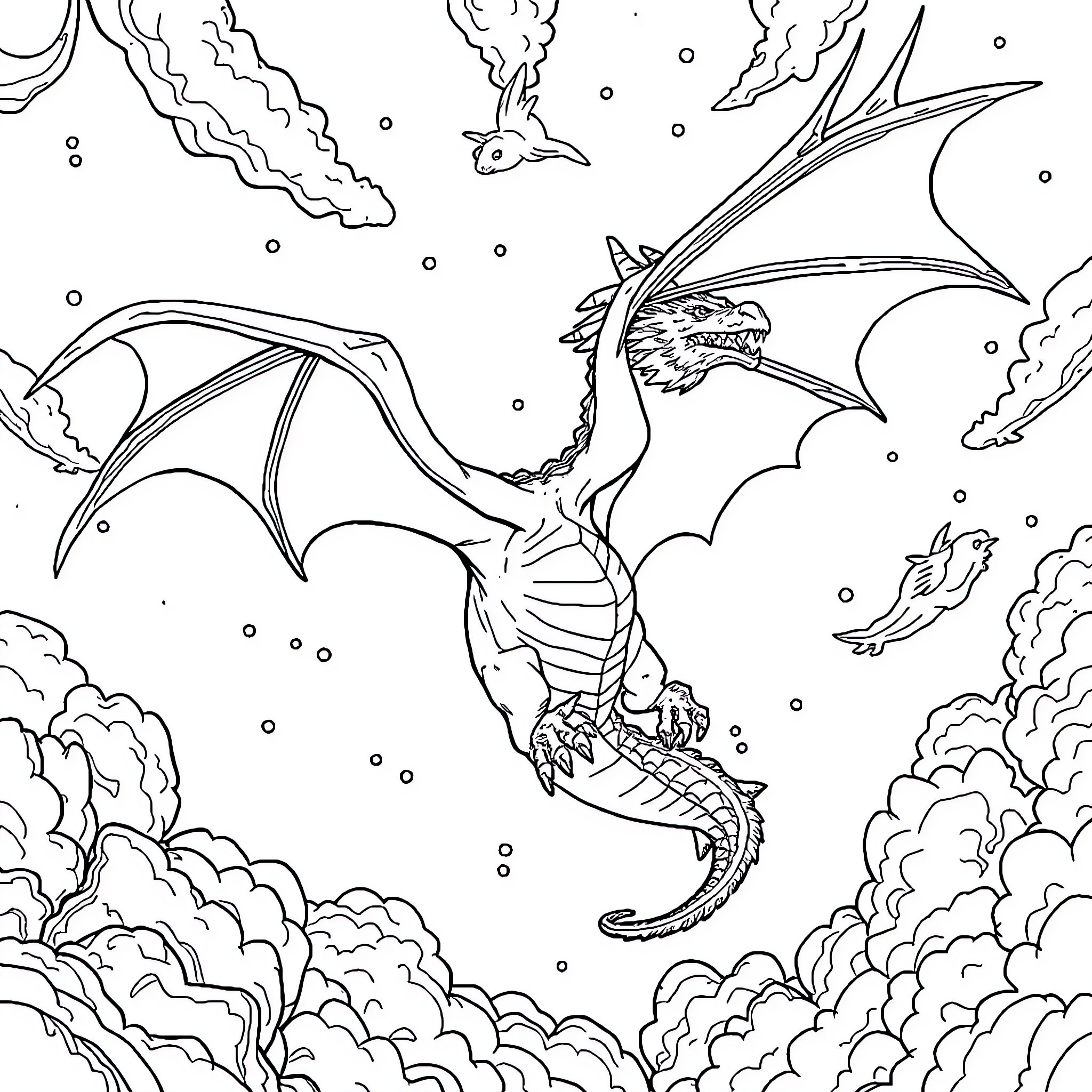 Dragon soaring through the cloudy skies Coloring Page (free black-and-white line drawing printable PDF for all, from beginners to advanced learners, including children, teens, adults, and seniors)