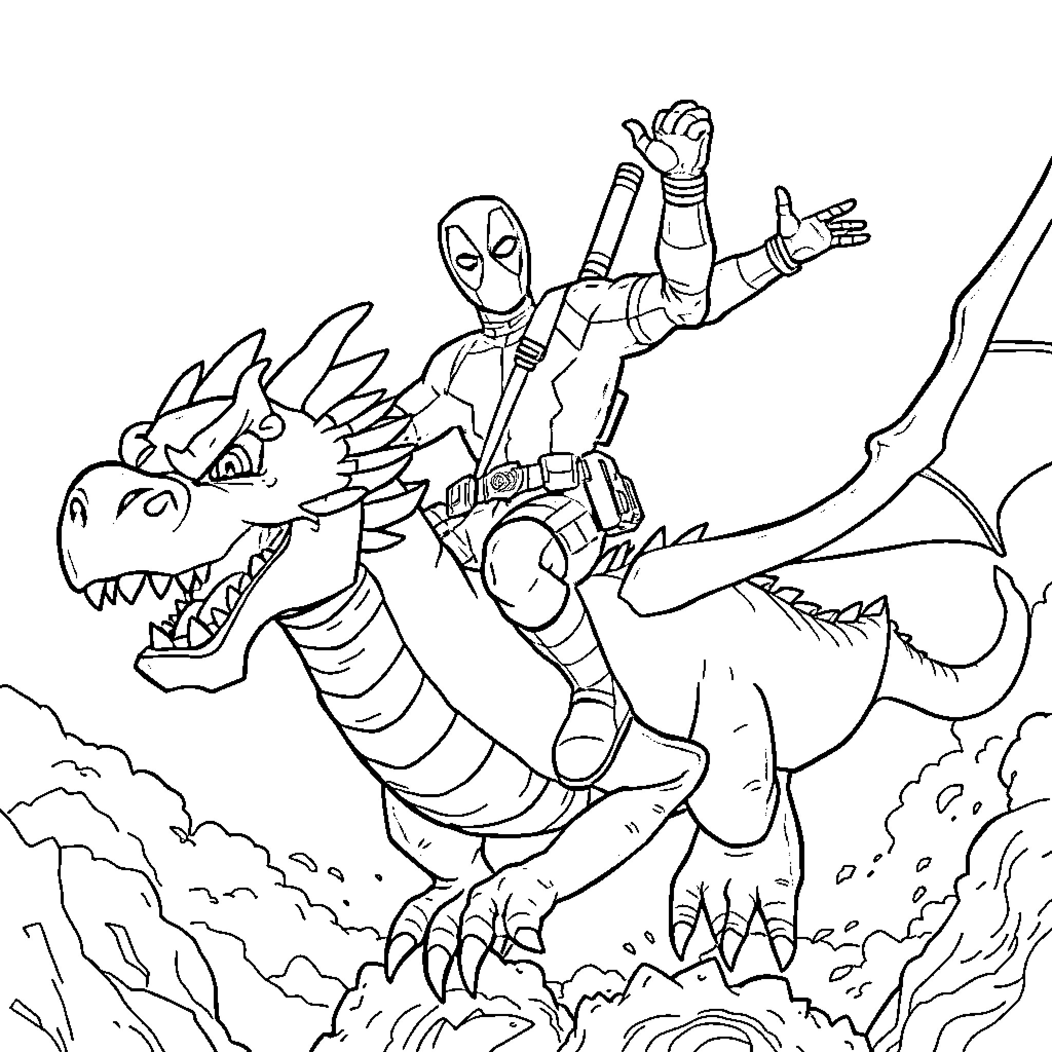 Deadpool riding a dragon in action-packed adventure Coloring Page (free black-and-white line drawing printable PDF for all, from beginners to advanced learners, including children, teens, adults, and seniors)