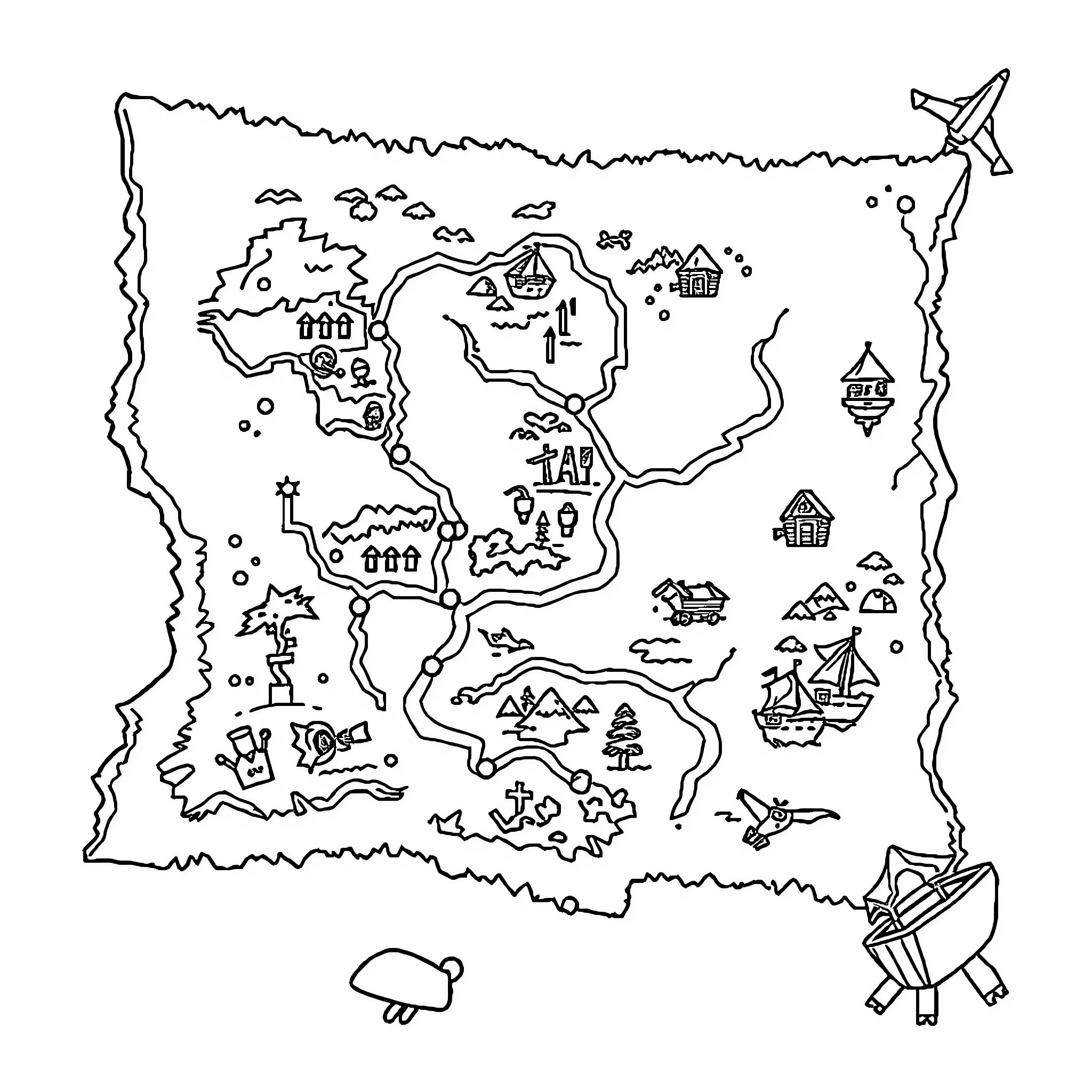 Treasure Map of a Fantastical Island Adventure Coloring Page (free black-and-white line drawing printable PDF for all, from beginners to advanced learners, including children, teens, adults, and seniors)