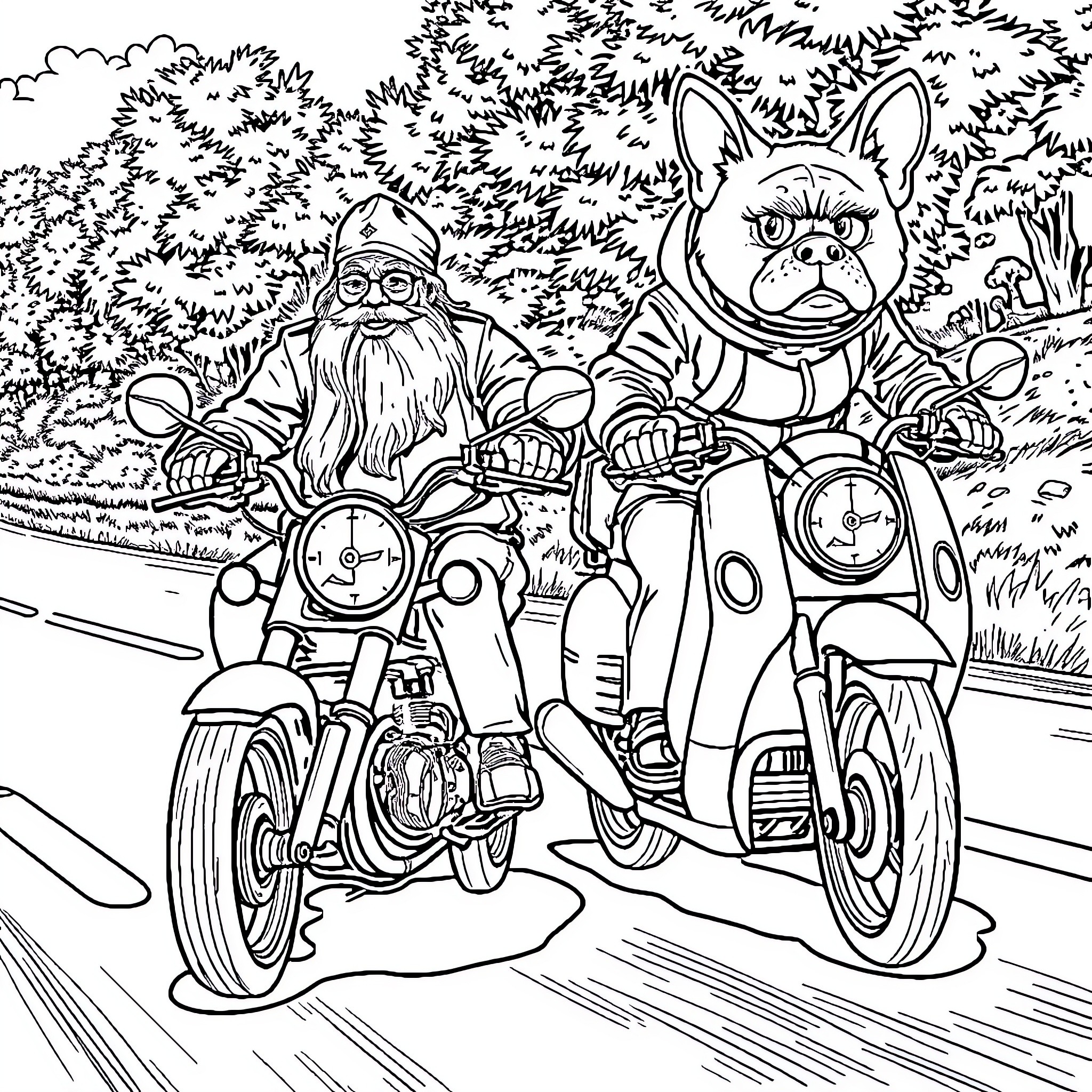 Moto Adventure in the Park Coloring Page (free black-and-white line drawing printable PDF for all, from beginners to advanced learners, including children, teens, adults, and seniors)