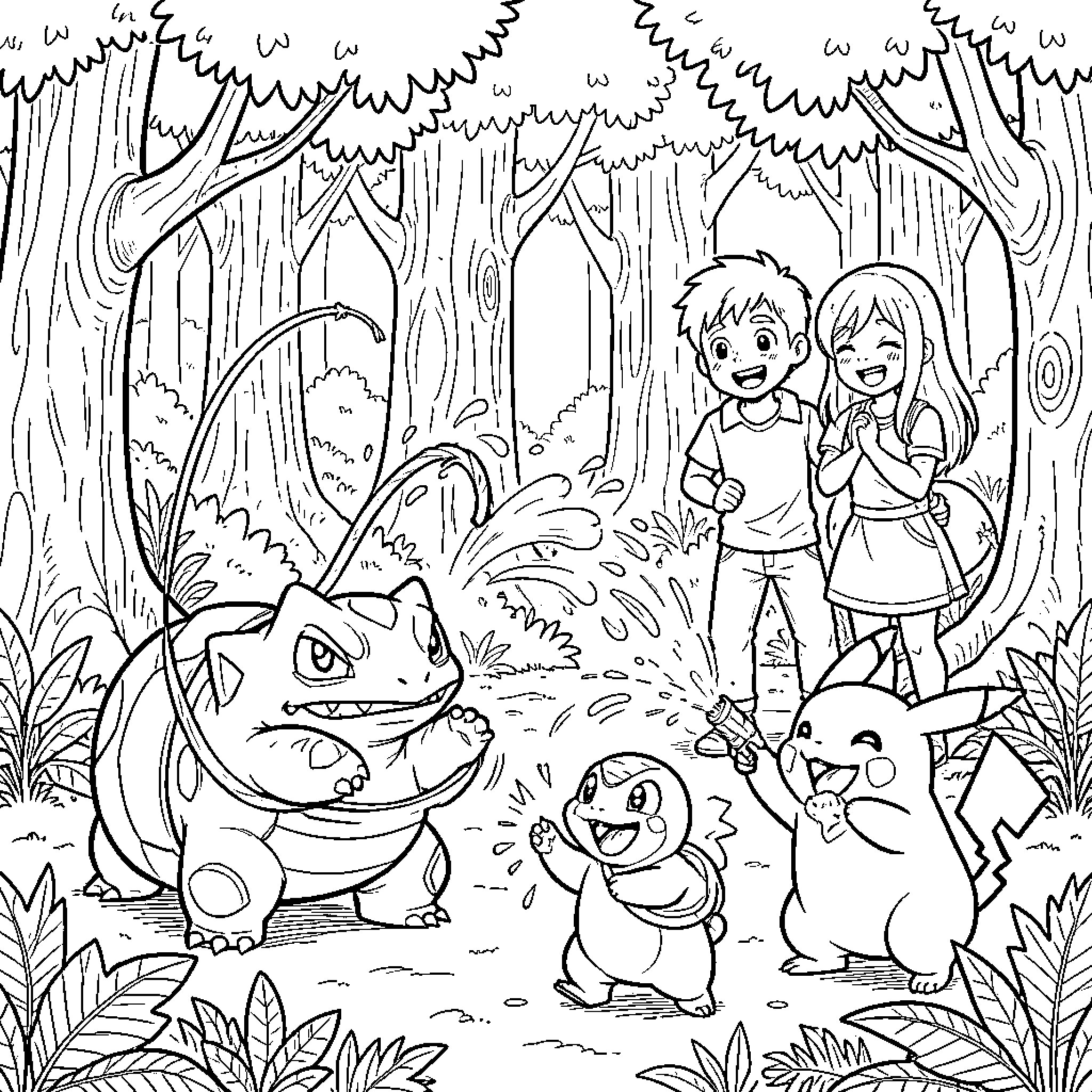 Pokémon playing and splashing water in the forest Coloring Page (free black-and-white line drawing printable PDF for all, from beginners to advanced learners, including children, teens, adults, and seniors)
