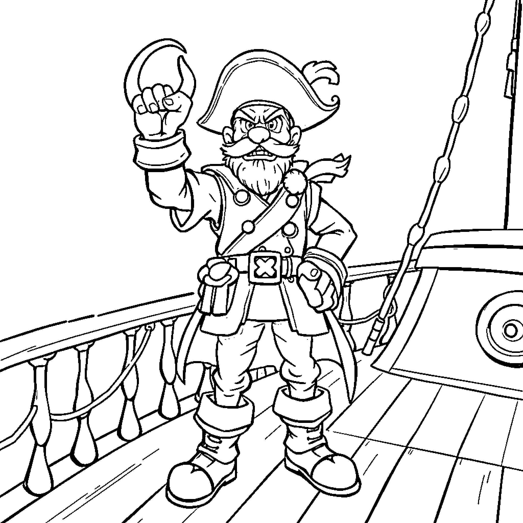 Captain Hook's Menacing Pose on the Ship Coloring Page (free black-and-white line drawing printable PDF for all, from beginners to advanced learners, including children, teens, adults, and seniors)