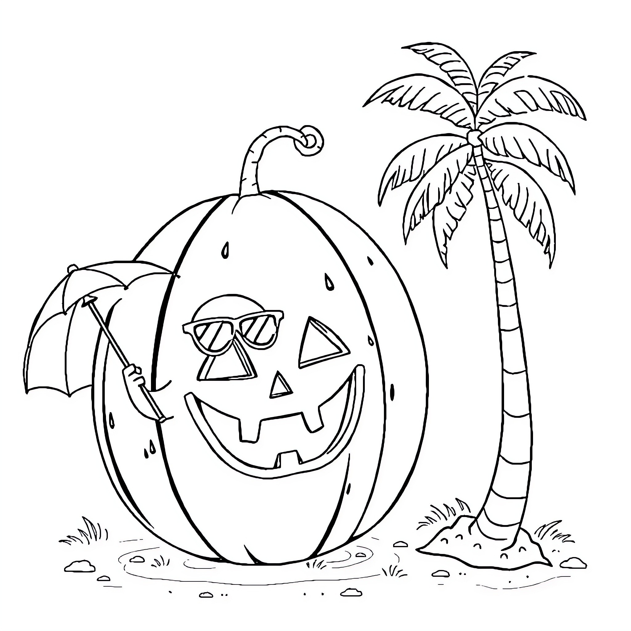 Watermelon pumpkin with beach accessories Coloring Page (free black-and-white line drawing printable PDF for all, from beginners to advanced learners, including children, teens, adults, and seniors)