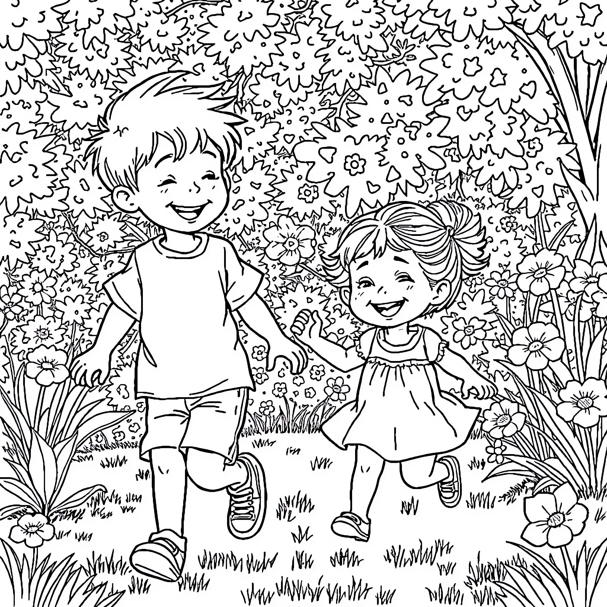 Child playing joyfully in the garden Coloring Page (free black-and-white line drawing printable PDF for all, from beginners to advanced learners, including children, teens, adults, and seniors)