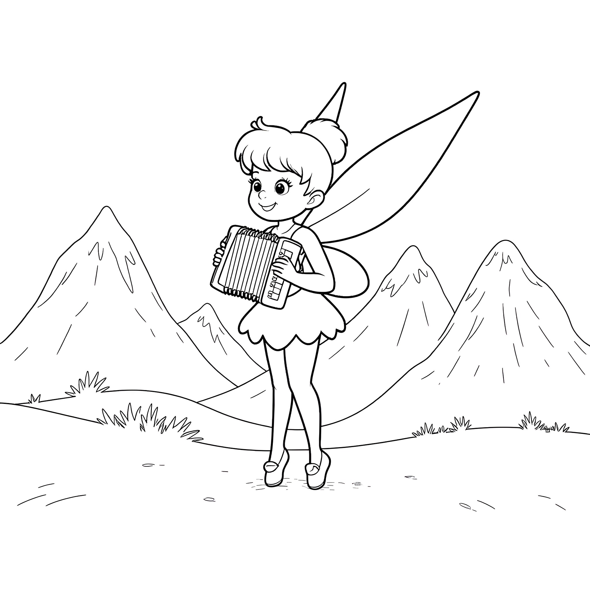 Tinkerbell playing music in the mountains Coloring Page (free black-and-white line drawing printable PDF for all, from beginners to advanced learners, including children, teens, adults, and seniors)
