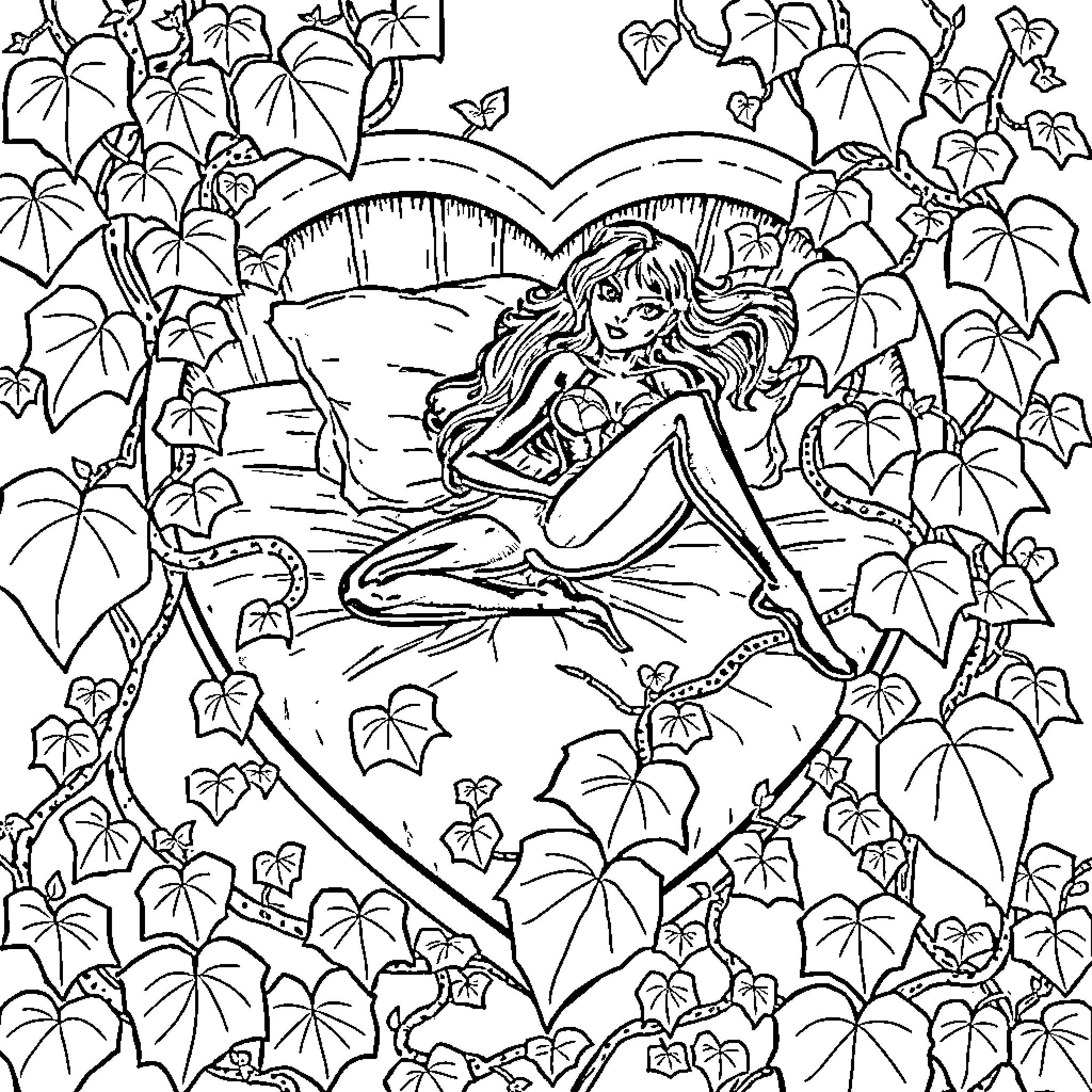 Black Widow in a Magical Floral Setting Coloring Page (free black-and-white line drawing printable PDF for all, from beginners to advanced learners, including children, teens, adults, and seniors)
