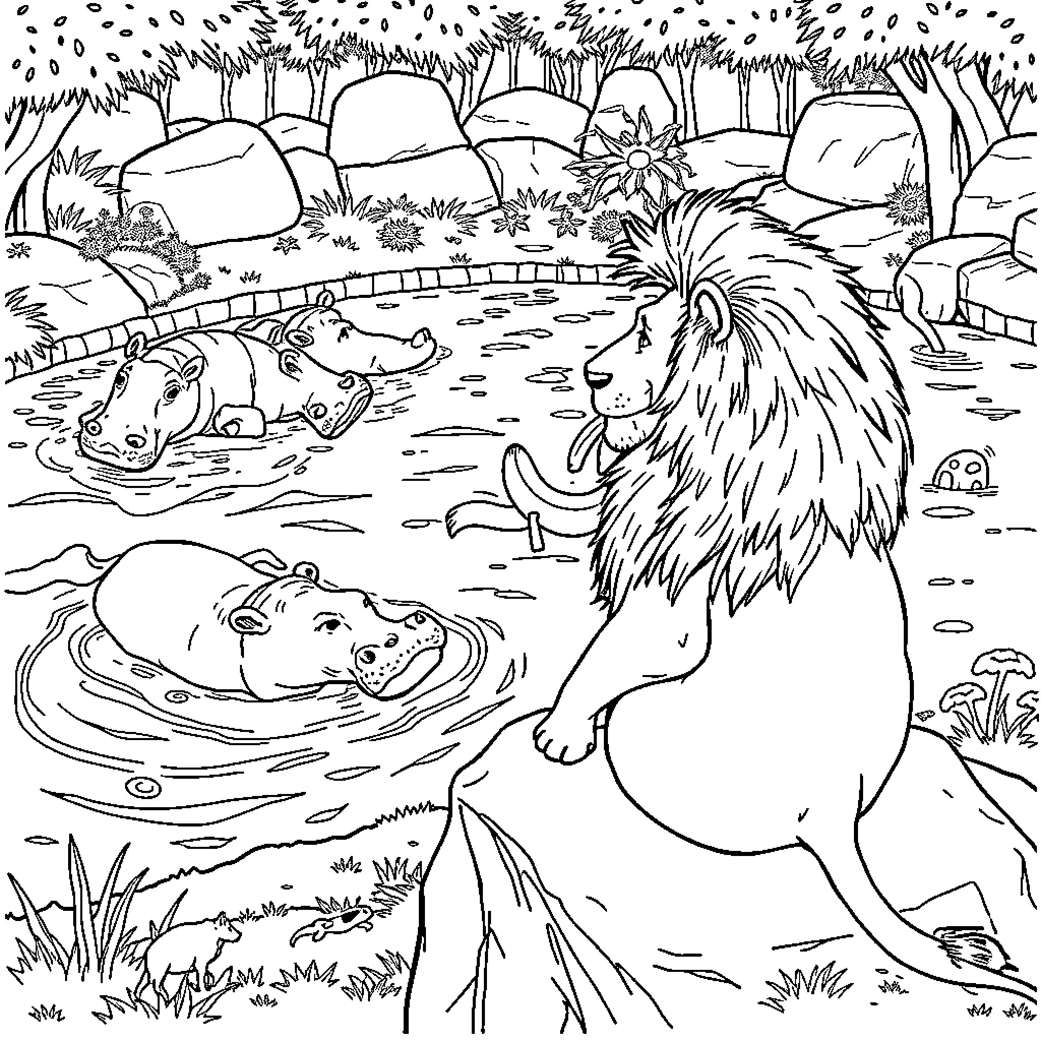 Lion observing hippos swimming in the watering hole Coloring Page (free black-and-white line drawing printable PDF for all, from beginners to advanced learners, including children, teens, adults, and seniors)