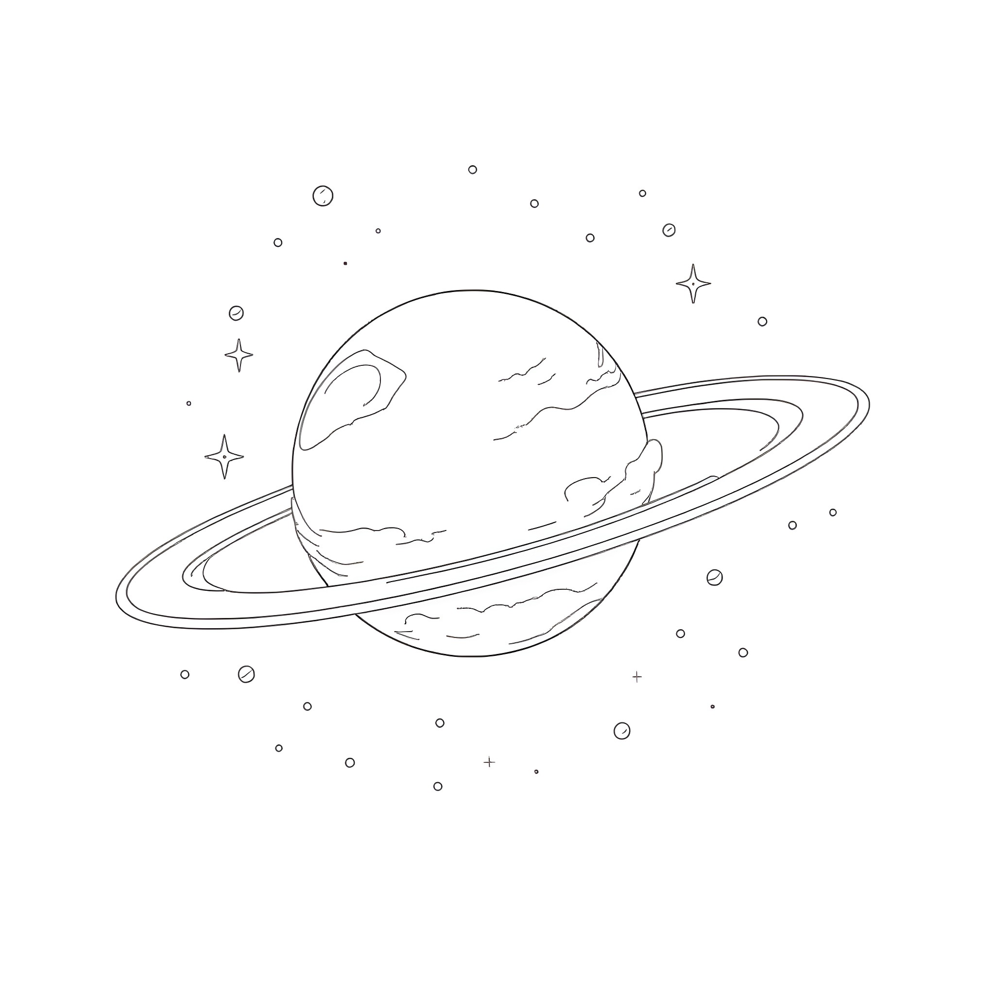 Space Ship Orbiting a Ringed Planet Coloring Page (free black-and-white line drawing printable PDF for all, from beginners to advanced learners, including children, teens, adults, and seniors)