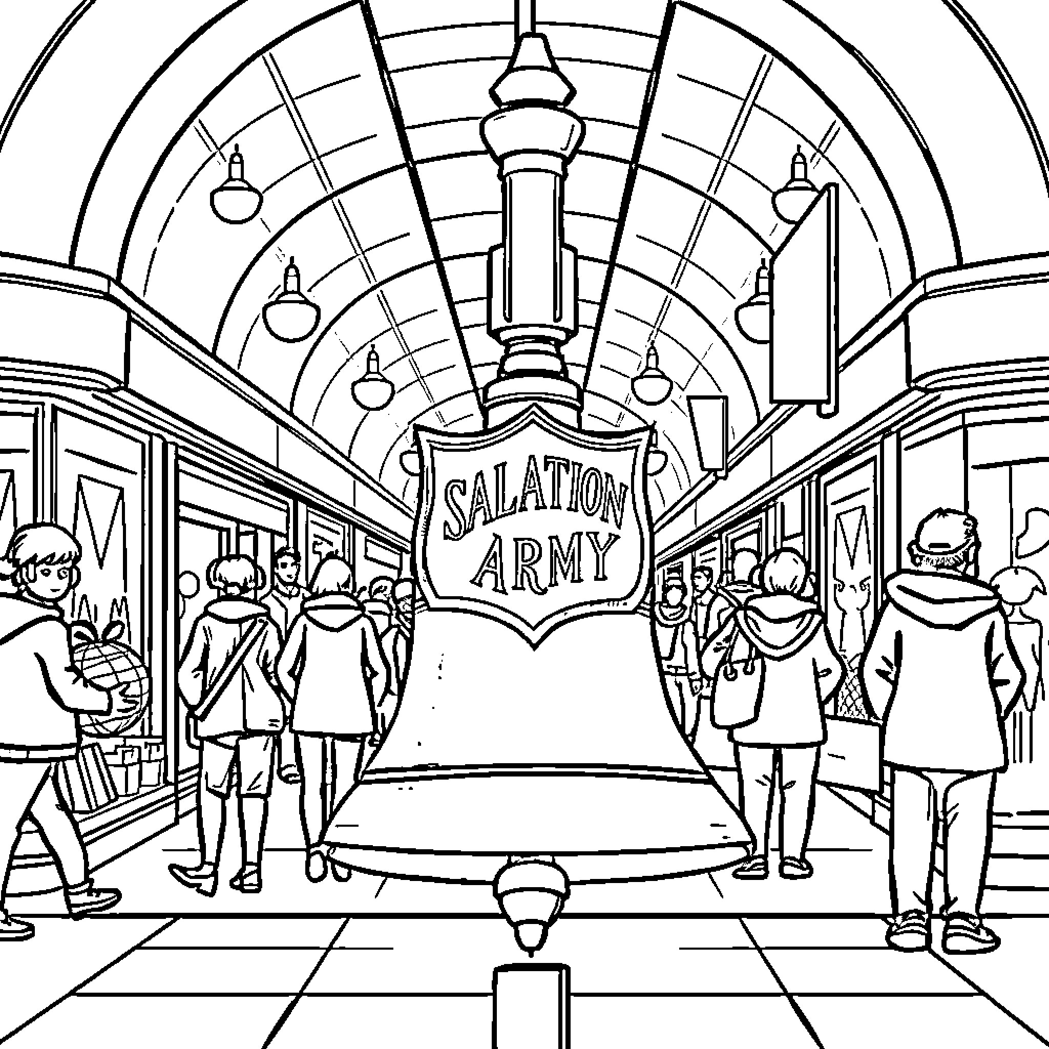 Bell-Shaped Archway and Salvation Army Inside Coloring Page (free black-and-white line drawing printable PDF for all, from beginners to advanced learners, including children, teens, adults, and seniors)