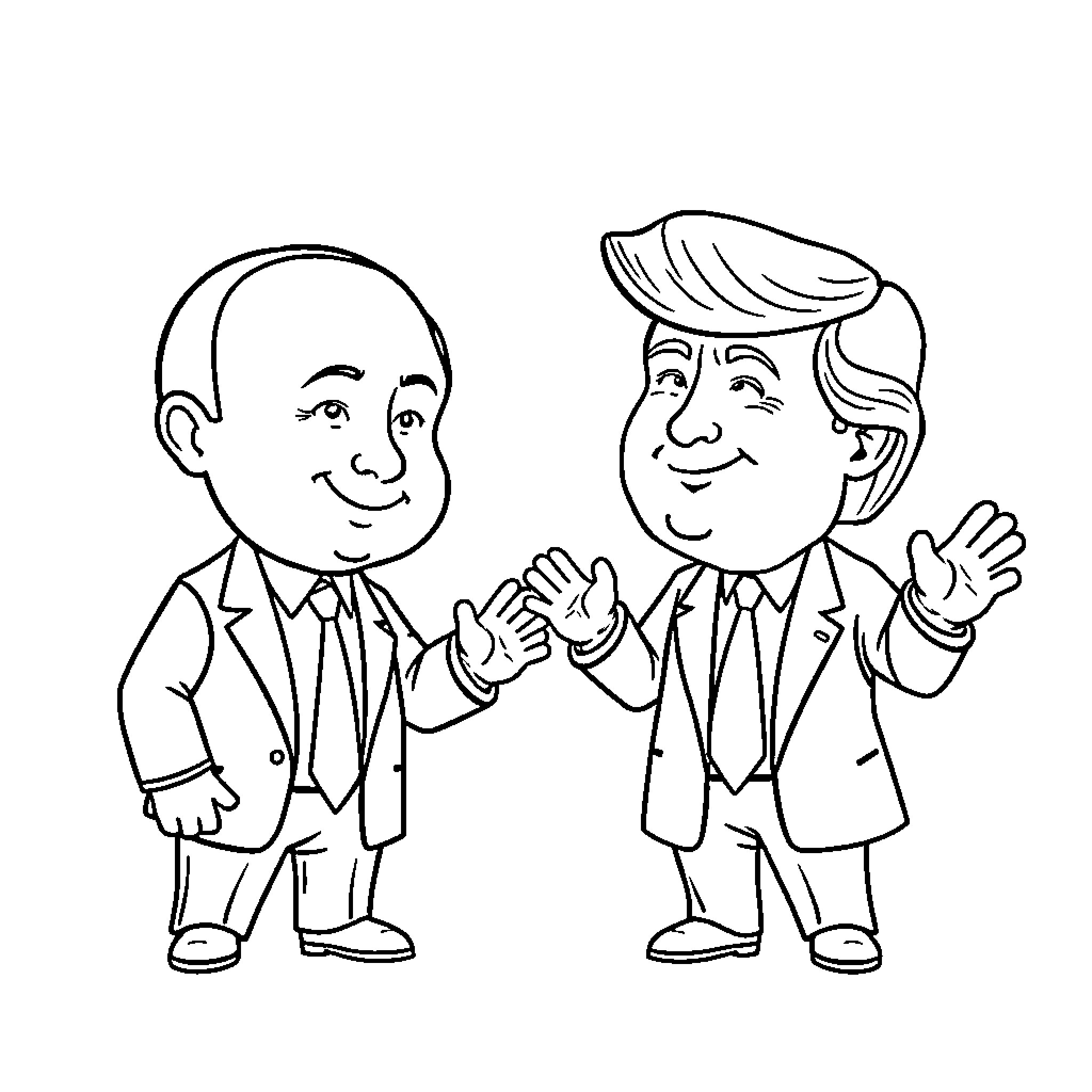 Chibi Businessmen Happily Greeting Each Other Coloring Page (free black-and-white line drawing printable PDF for all, from beginners to advanced learners, including children, teens, adults, and seniors)