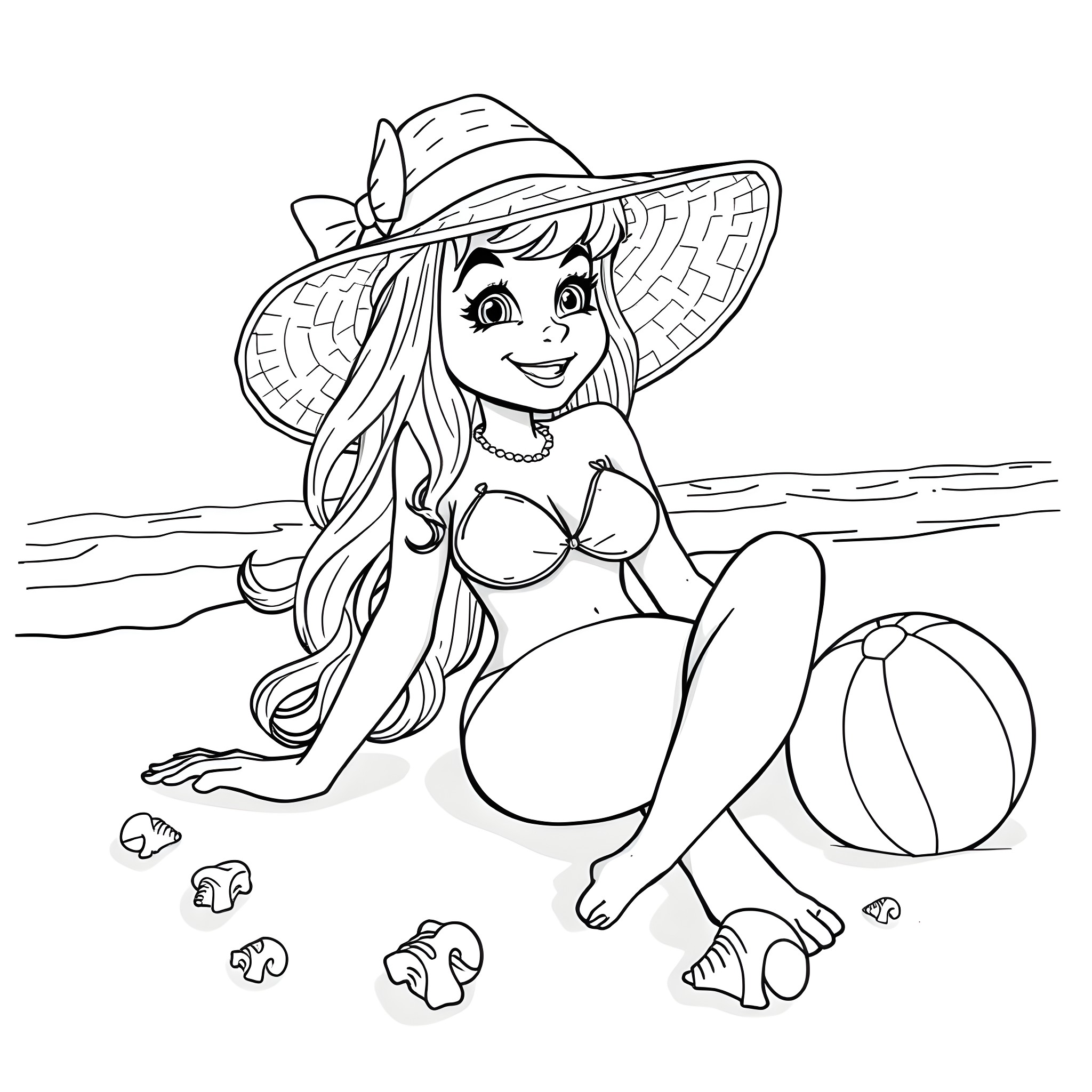 Daisy Duke enjoying a day at the beach Coloring Page (free black-and-white line drawing printable PDF for all, from beginners to advanced learners, including children, teens, adults, and seniors)